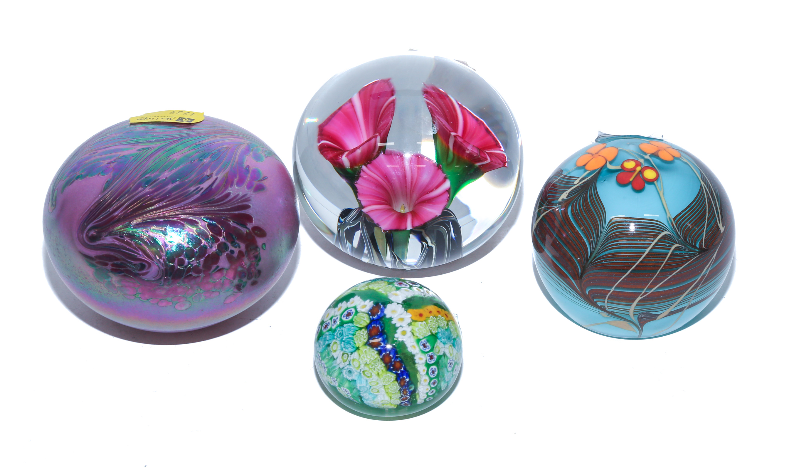 FOUR ART GLASS PAPERWEIGHTS BY