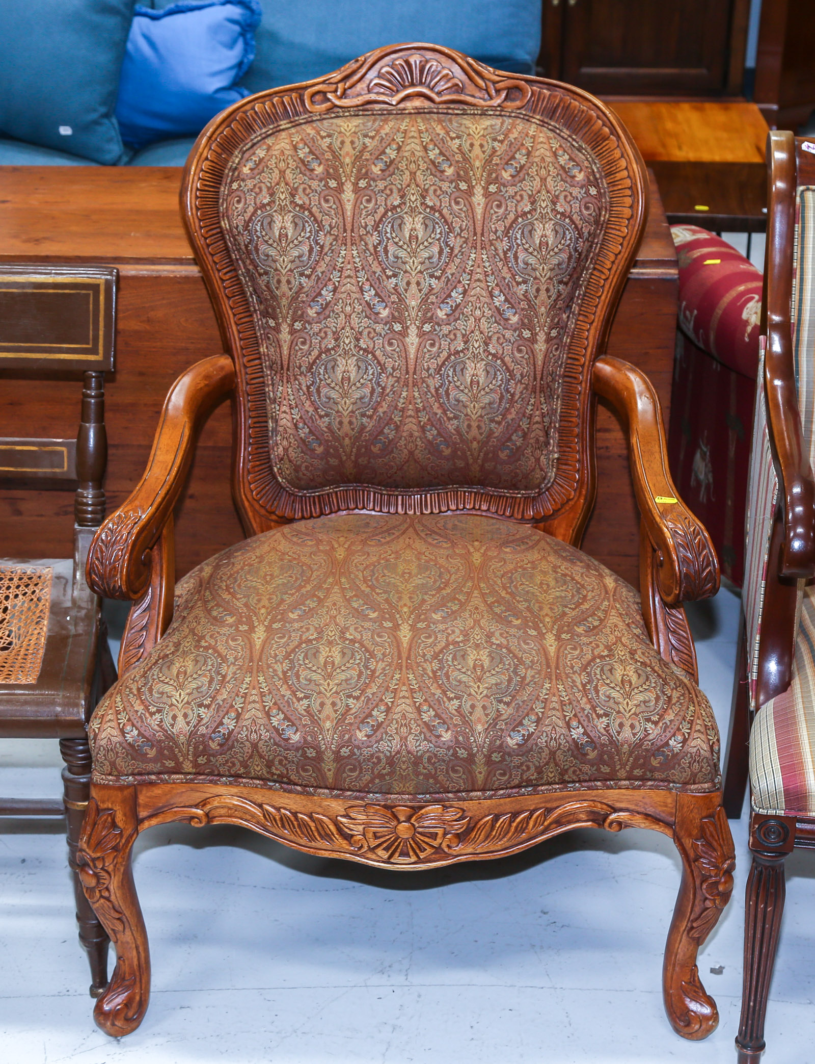 LOUIS XV STYLE CARVED WOOD ARMCHAIR