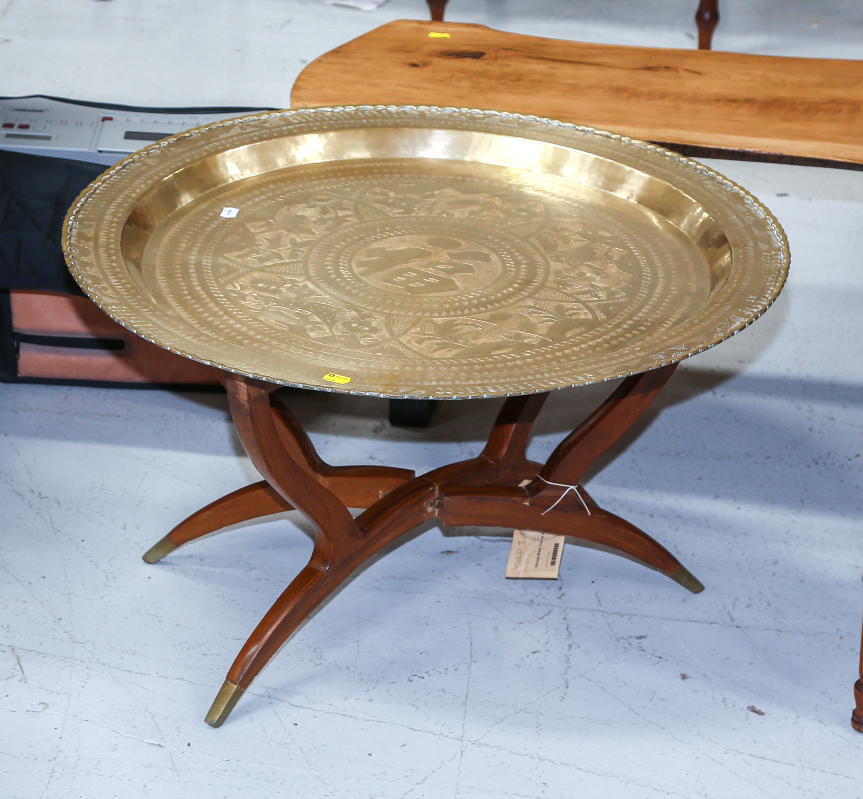 CHINESE CHASED BRASS TRAY ON STAND 2ea580