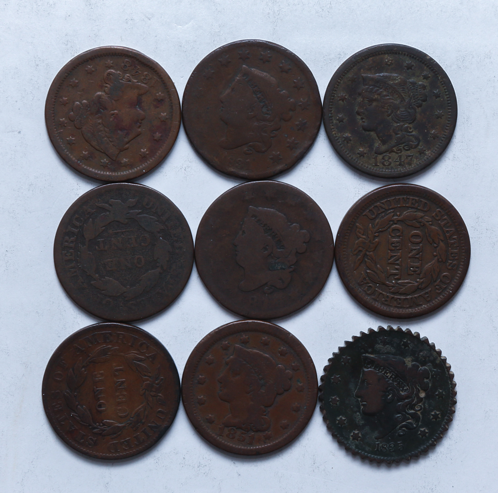 NINE INTERESTING LARGE CENTS 1835