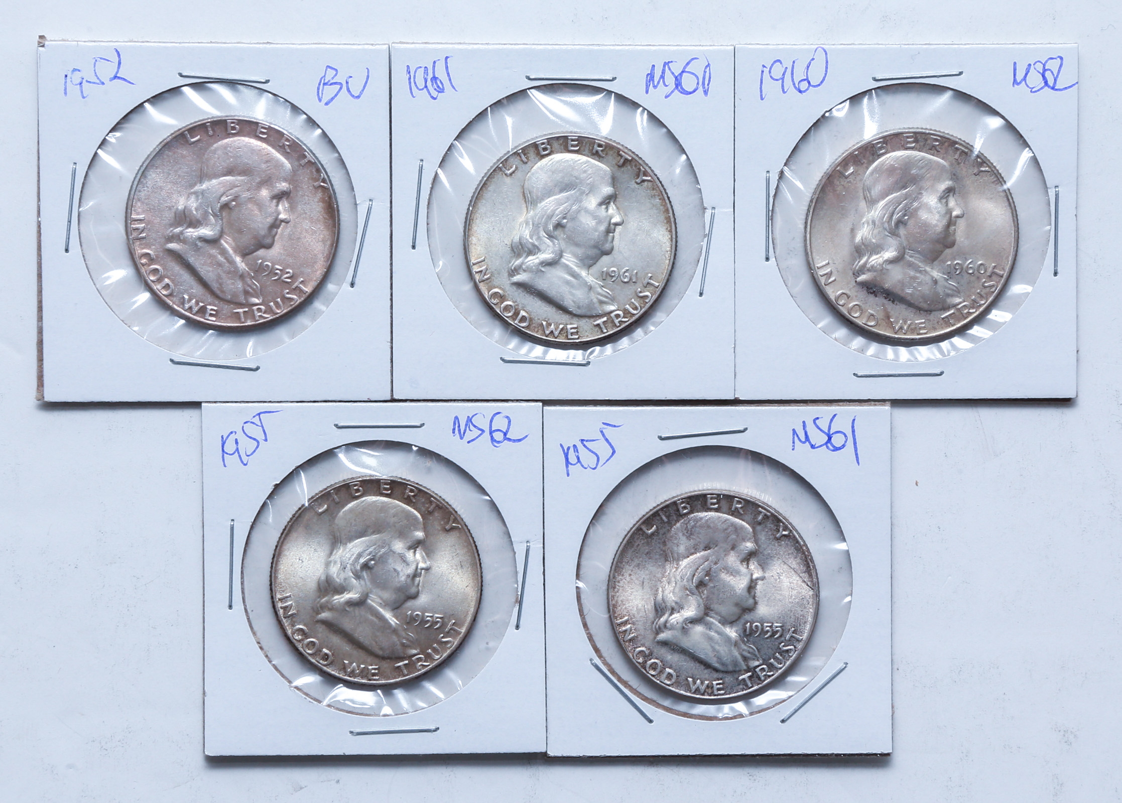 5 MINT STATE FRANKLIN HALVES 2-1955