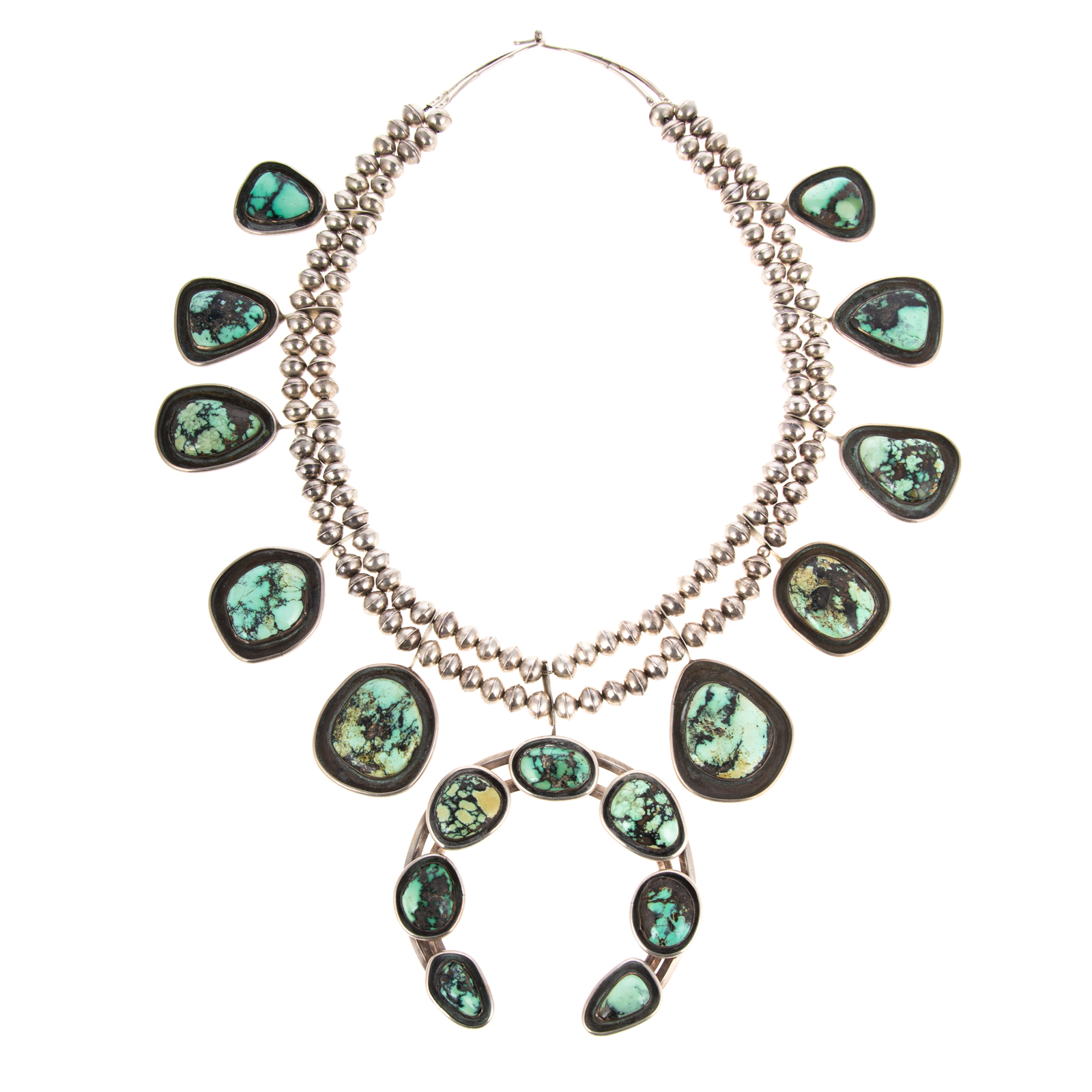 A NAVAJO TURQUOISE SQUASH BLOSSOM NECKLACE