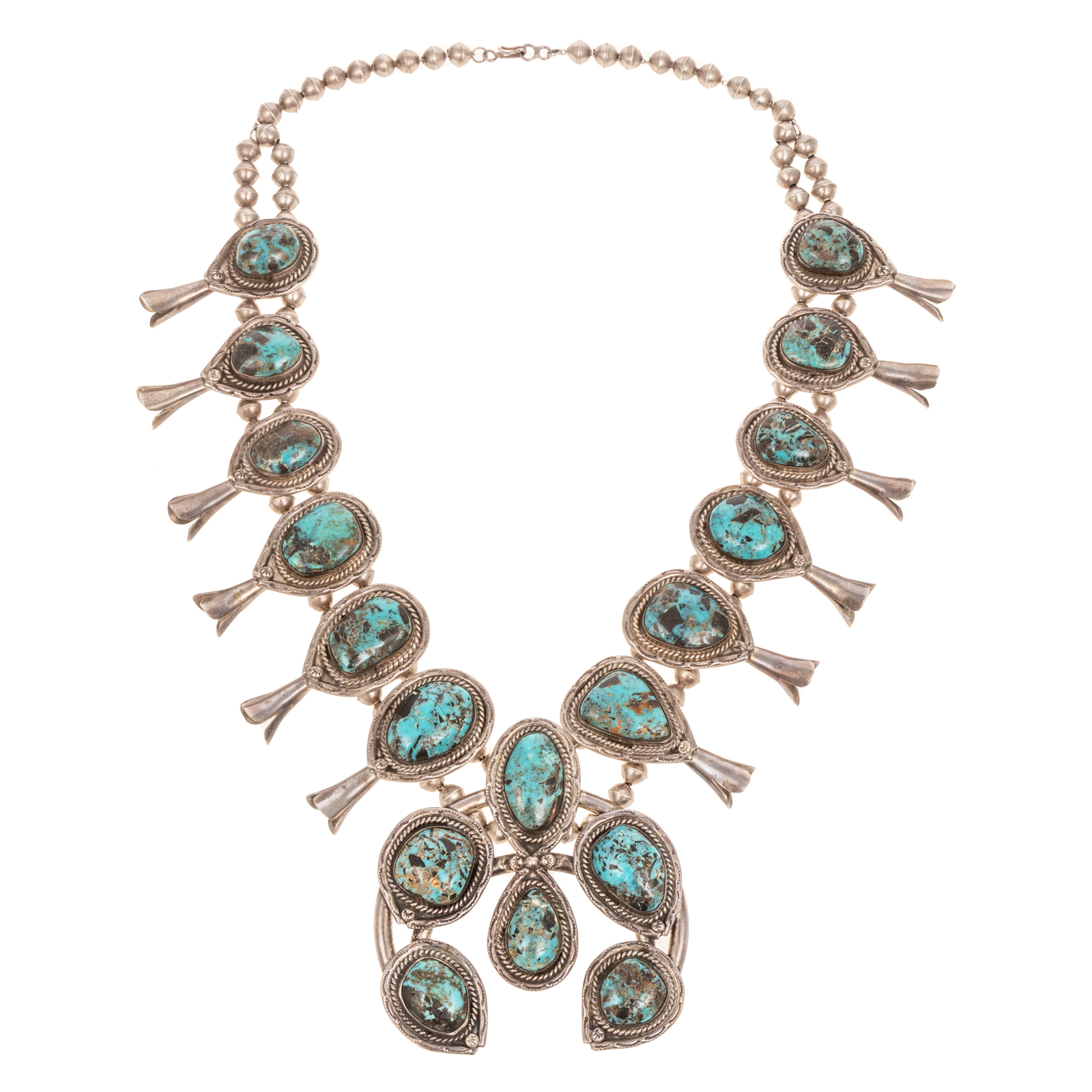 A NAVAJO TURQUOISE SQUASH BLOSSOM NECKLACE