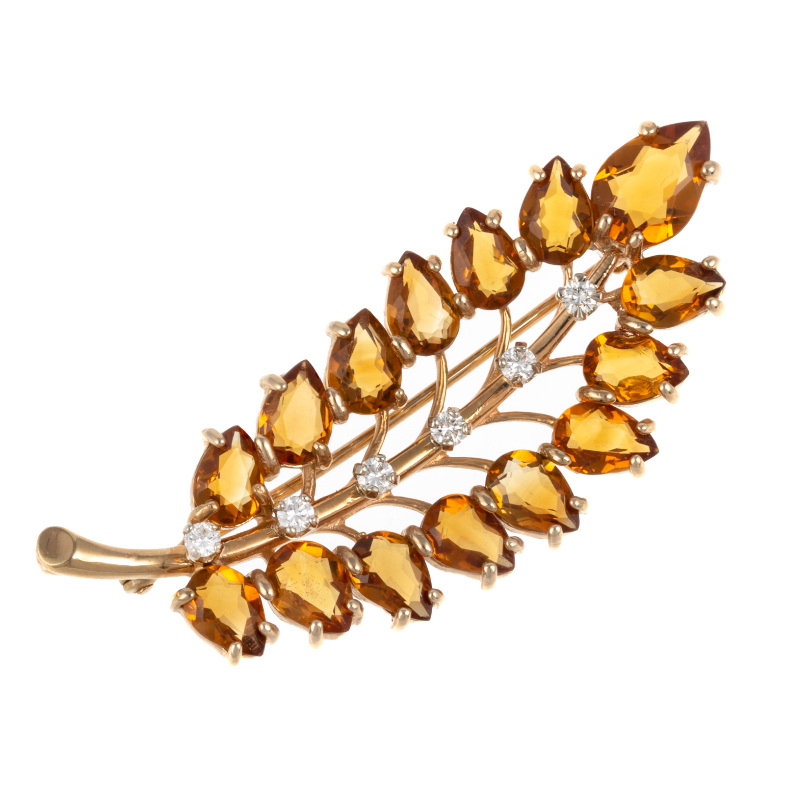 A CITRINE & DIAMOND LEAF BROOCH IN 14K