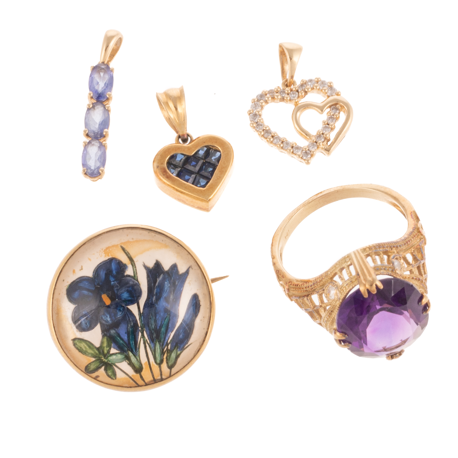 AN AMETHYST RING, TRIO OF PENDANTS