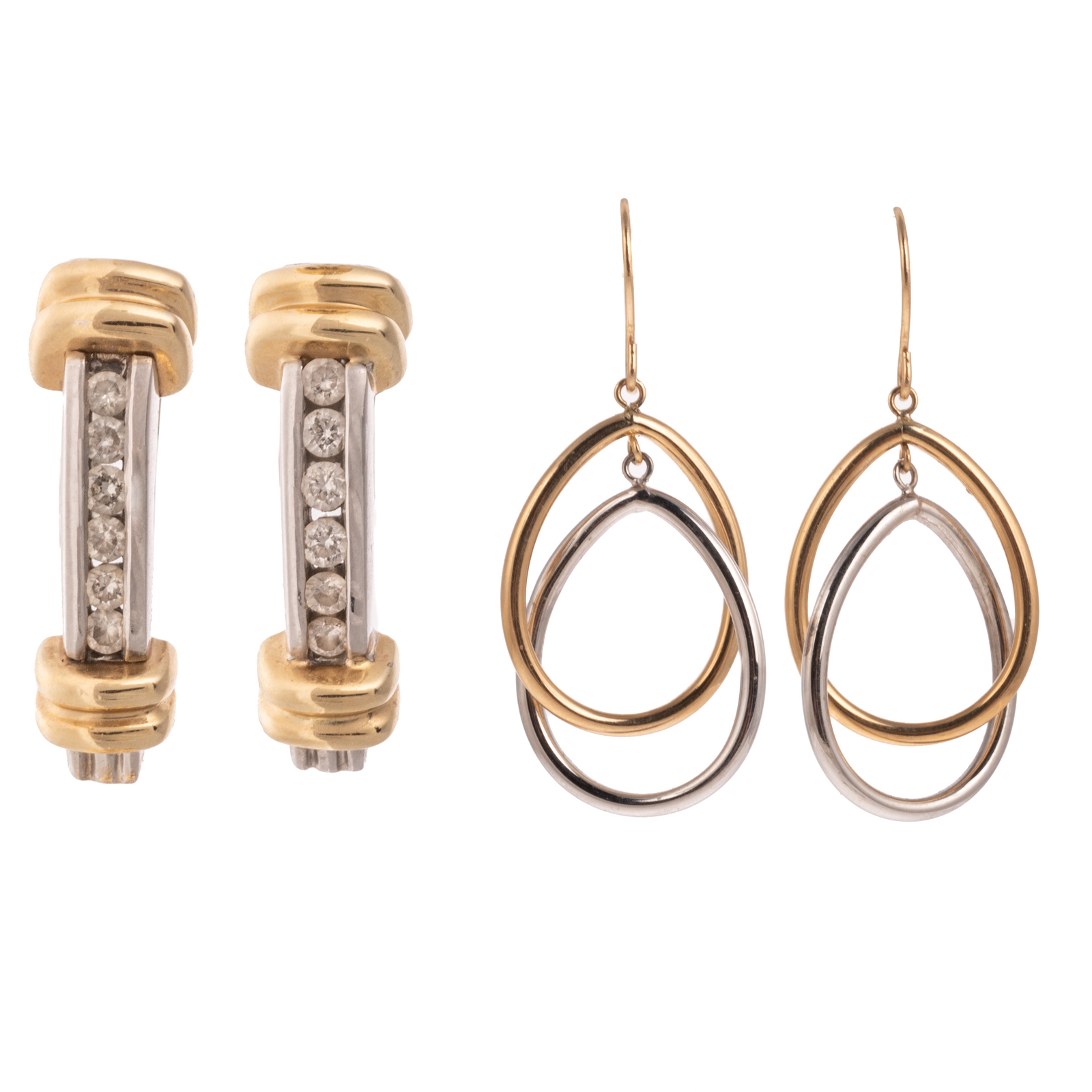 A PAIR OF DIAMOND HOOPS & GOLD