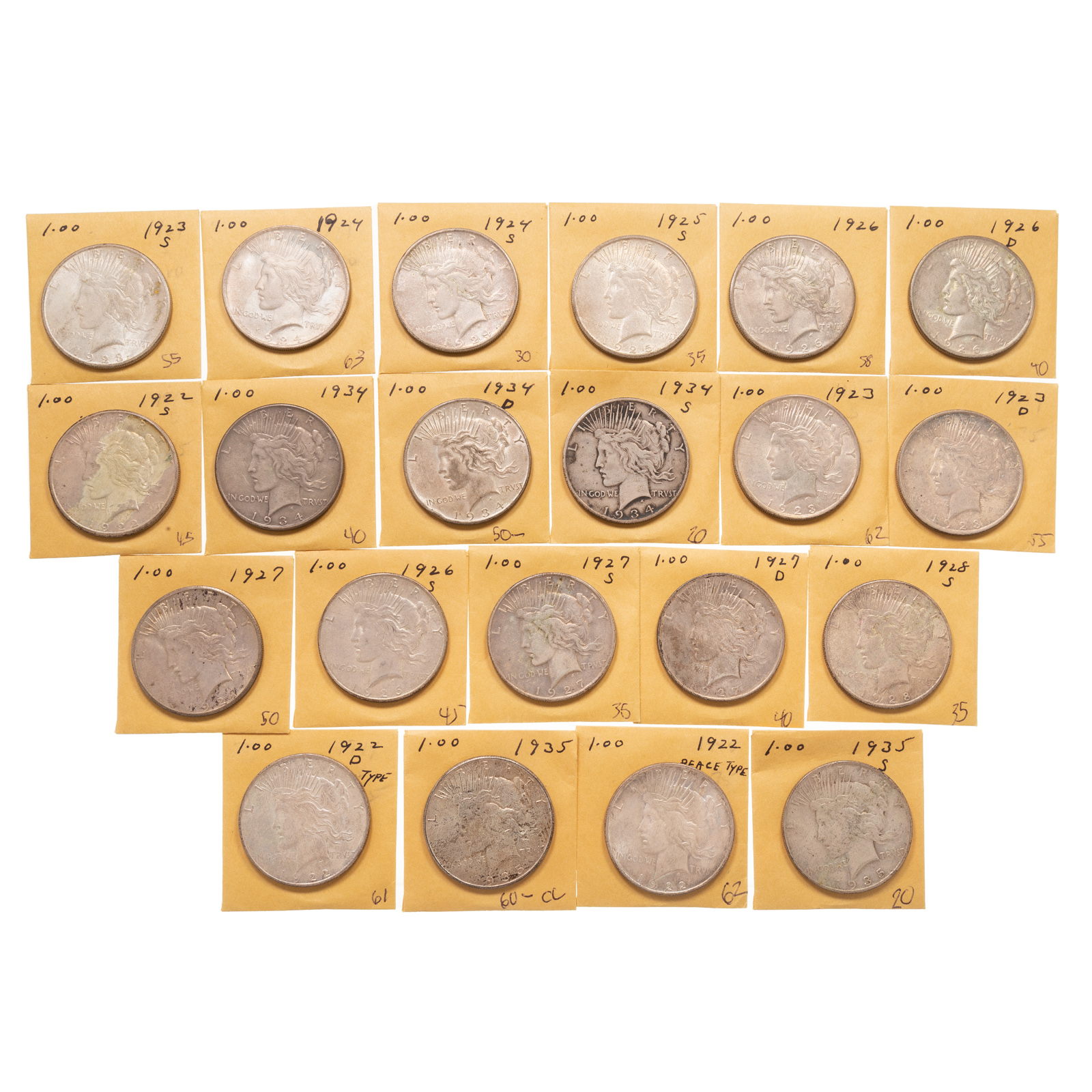 21 DIFFERENT PEACE DOLLARS 1922