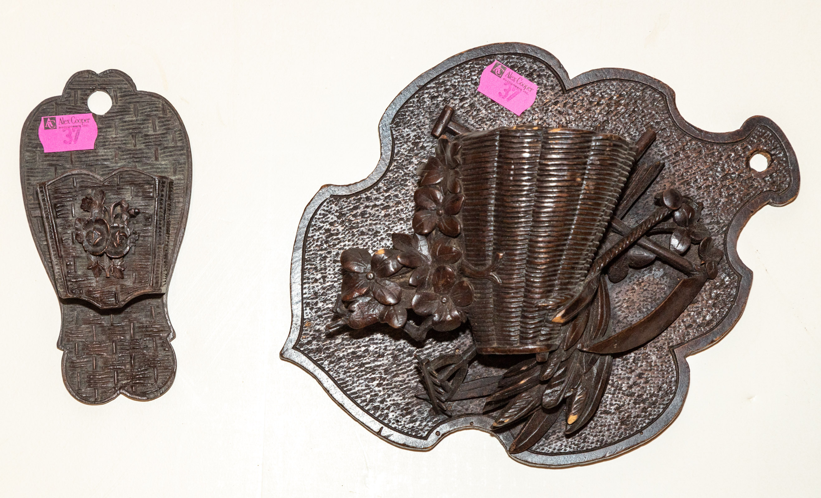 TWO BLACK FOREST CARVED WOOD MATCH SAFES