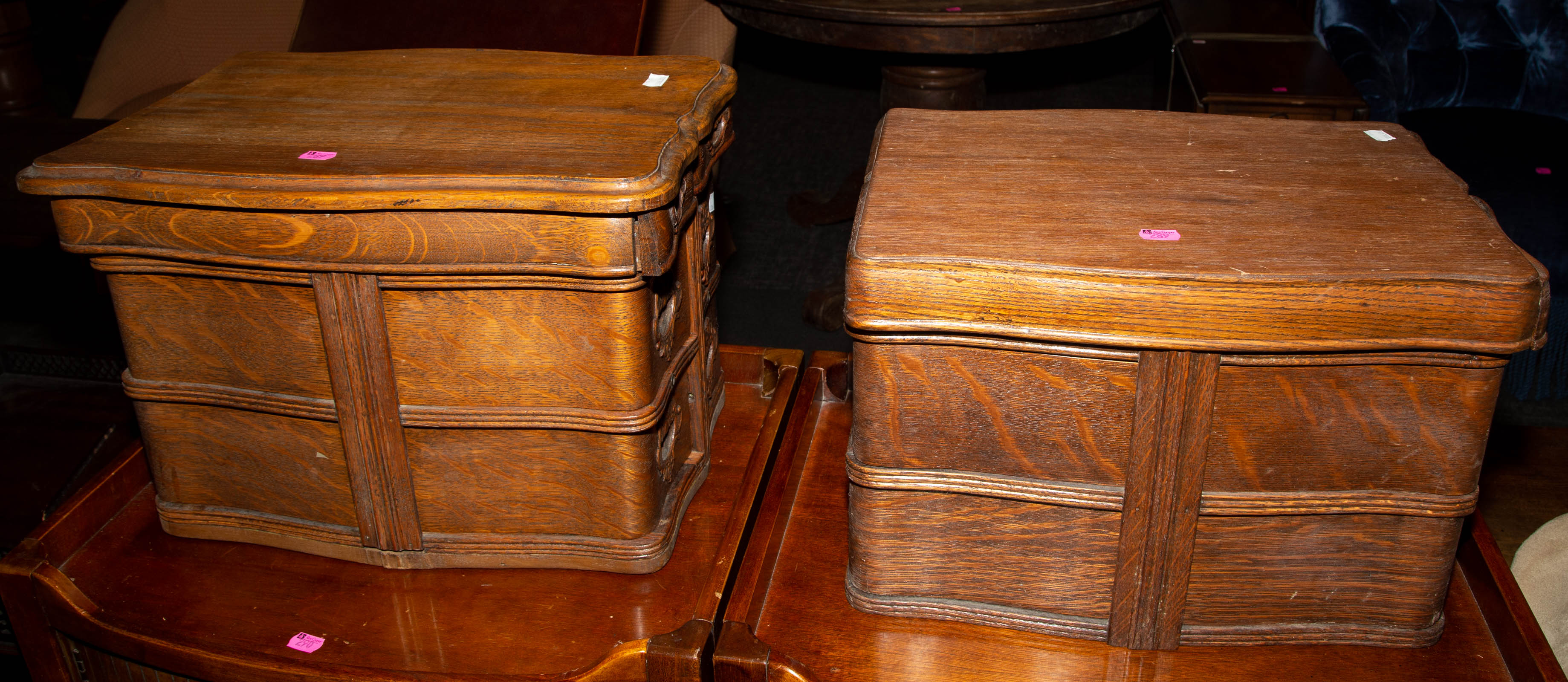 A PAIR OF VICTORIAN OAK SEWING