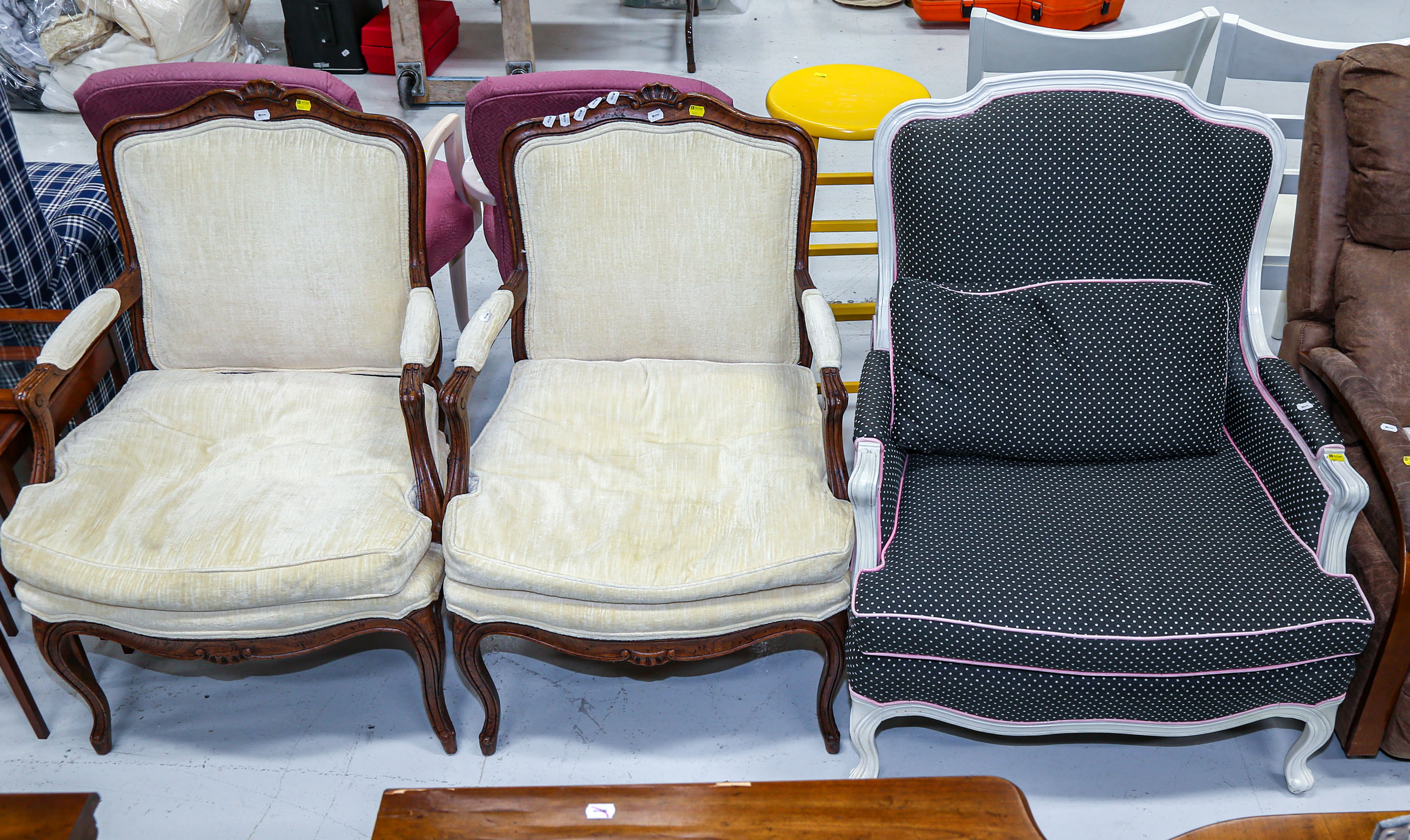 THREE LOUIS XV STYLE FAUTEUIL ARM CHAIRS