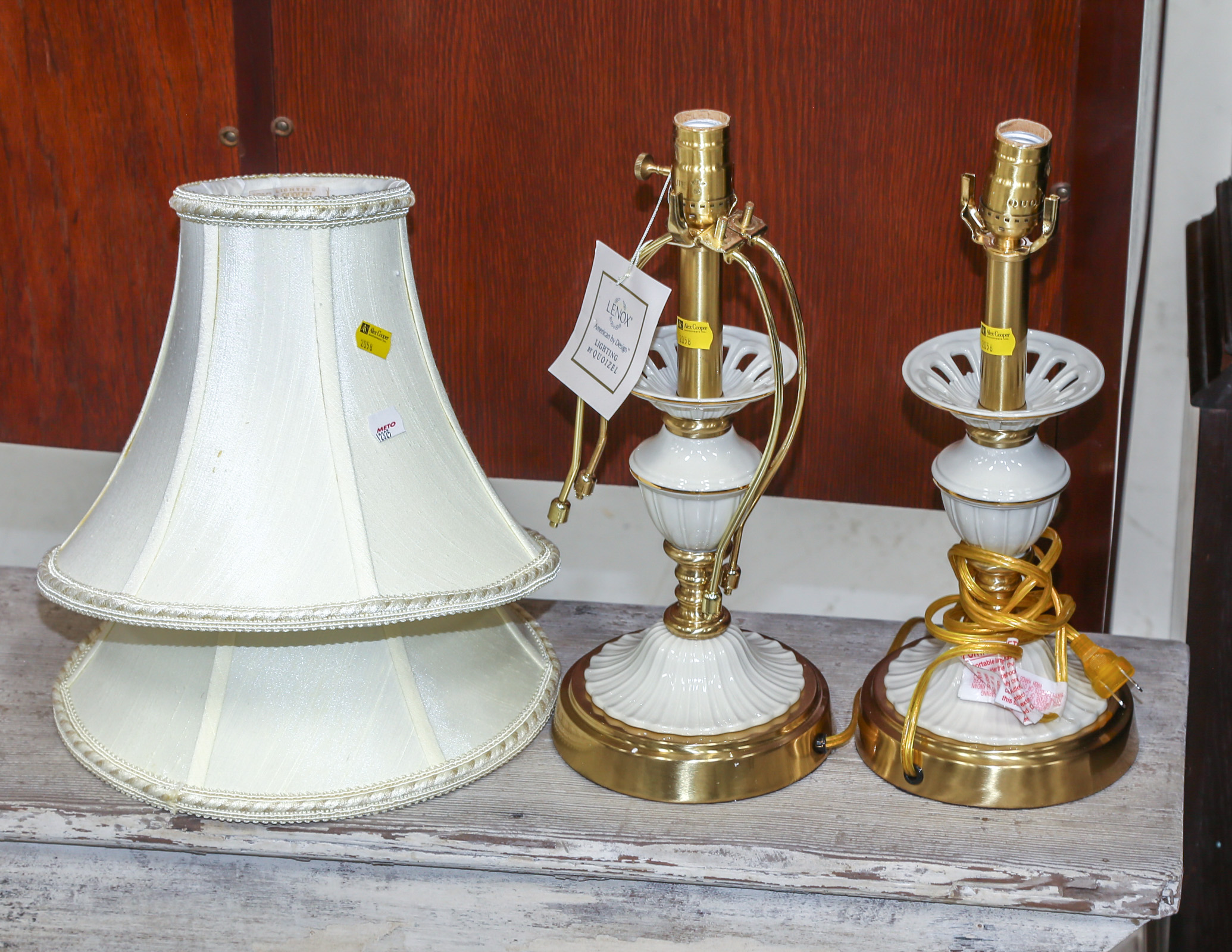 A PAIR OF LENOX PORCELAIN & BRASS TABLE