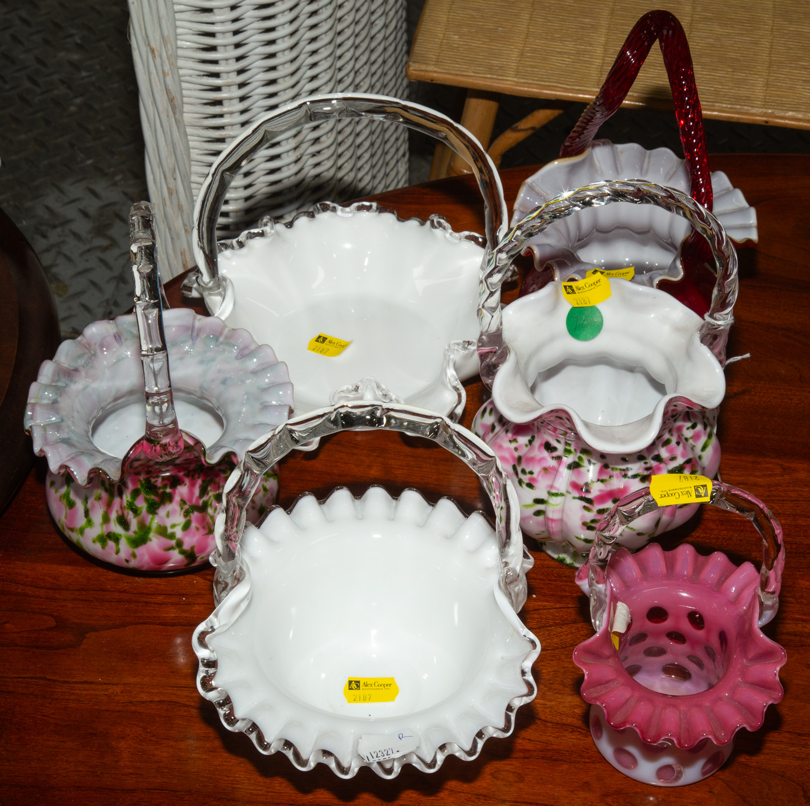 SIX FENTON ART GLASS BASKETS Modern;