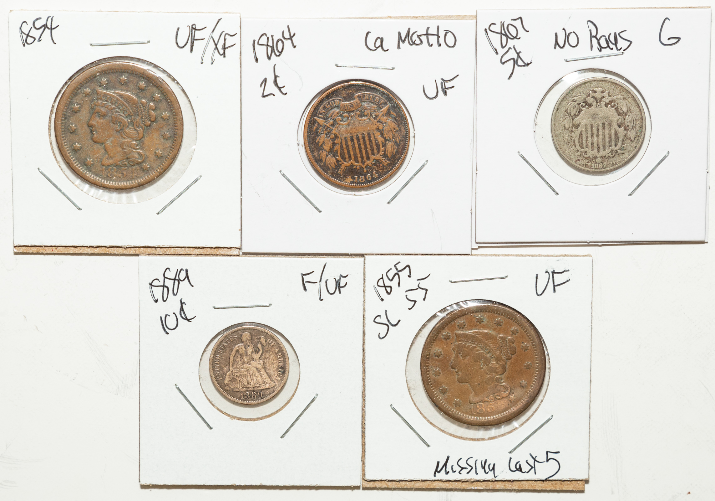 FIVE US TYPE COINS 1864 2 Cent