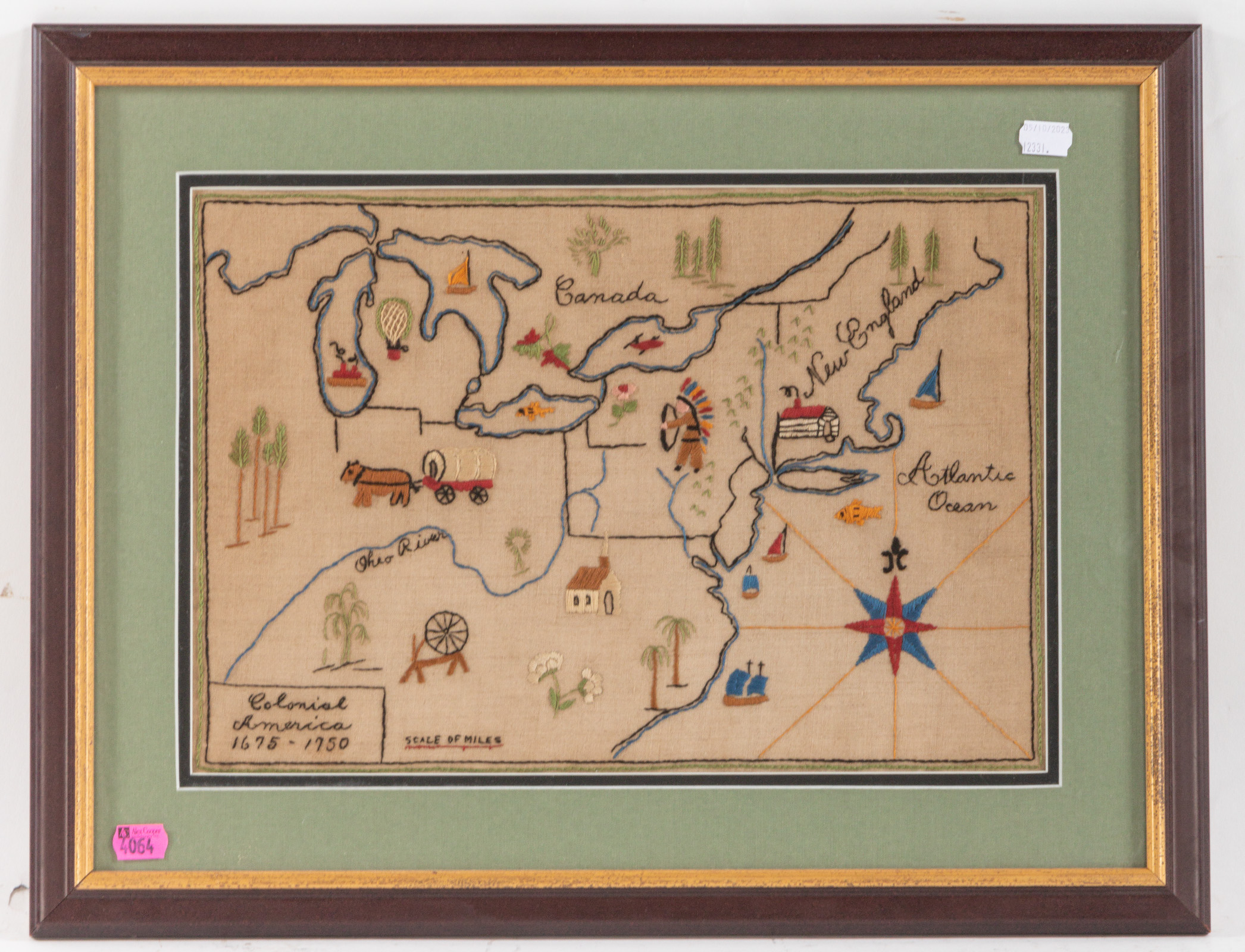 NEEDLEWORK MAP OF COLONIAL AMERICA,