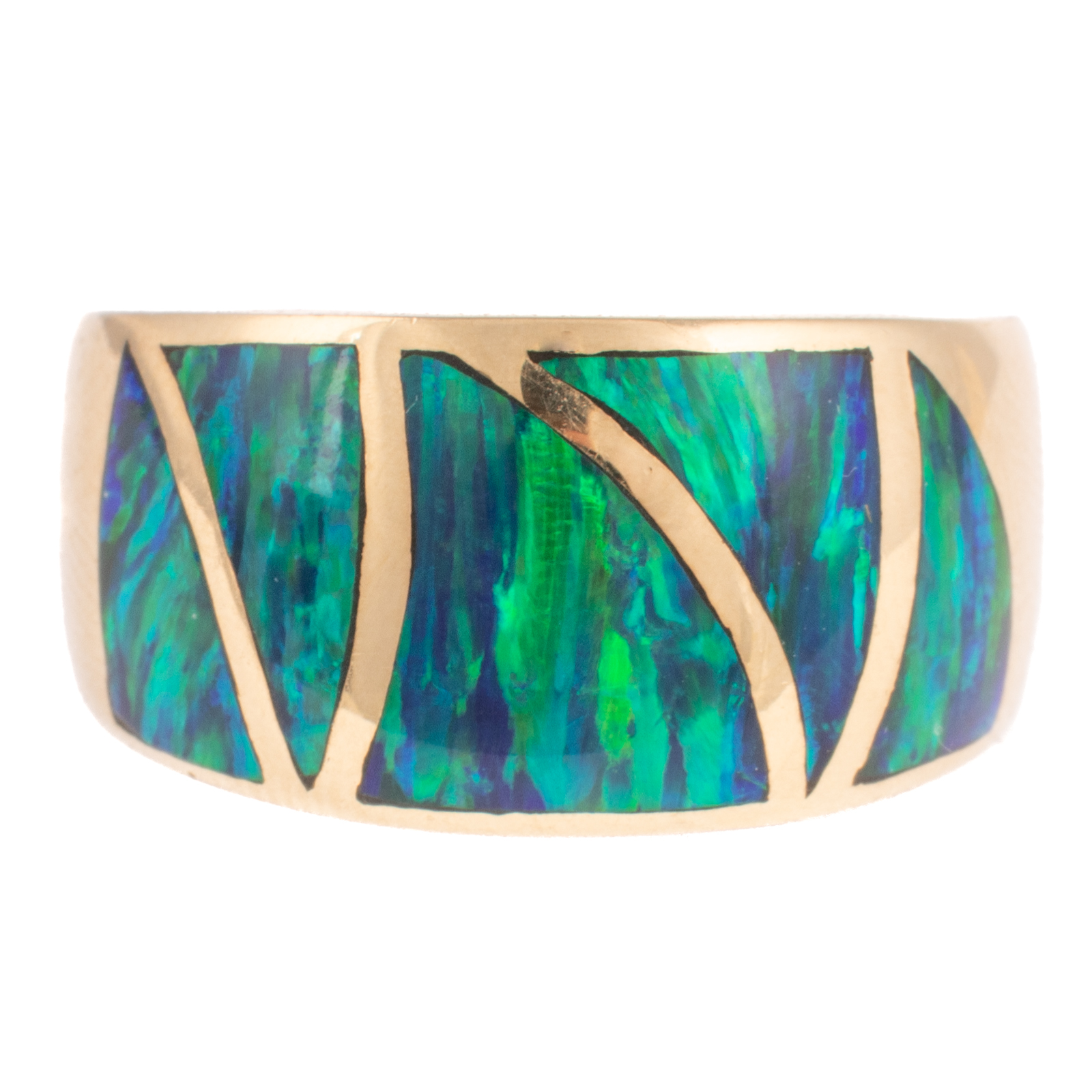 A WIDE INLAID OPAL BAND IN 14K