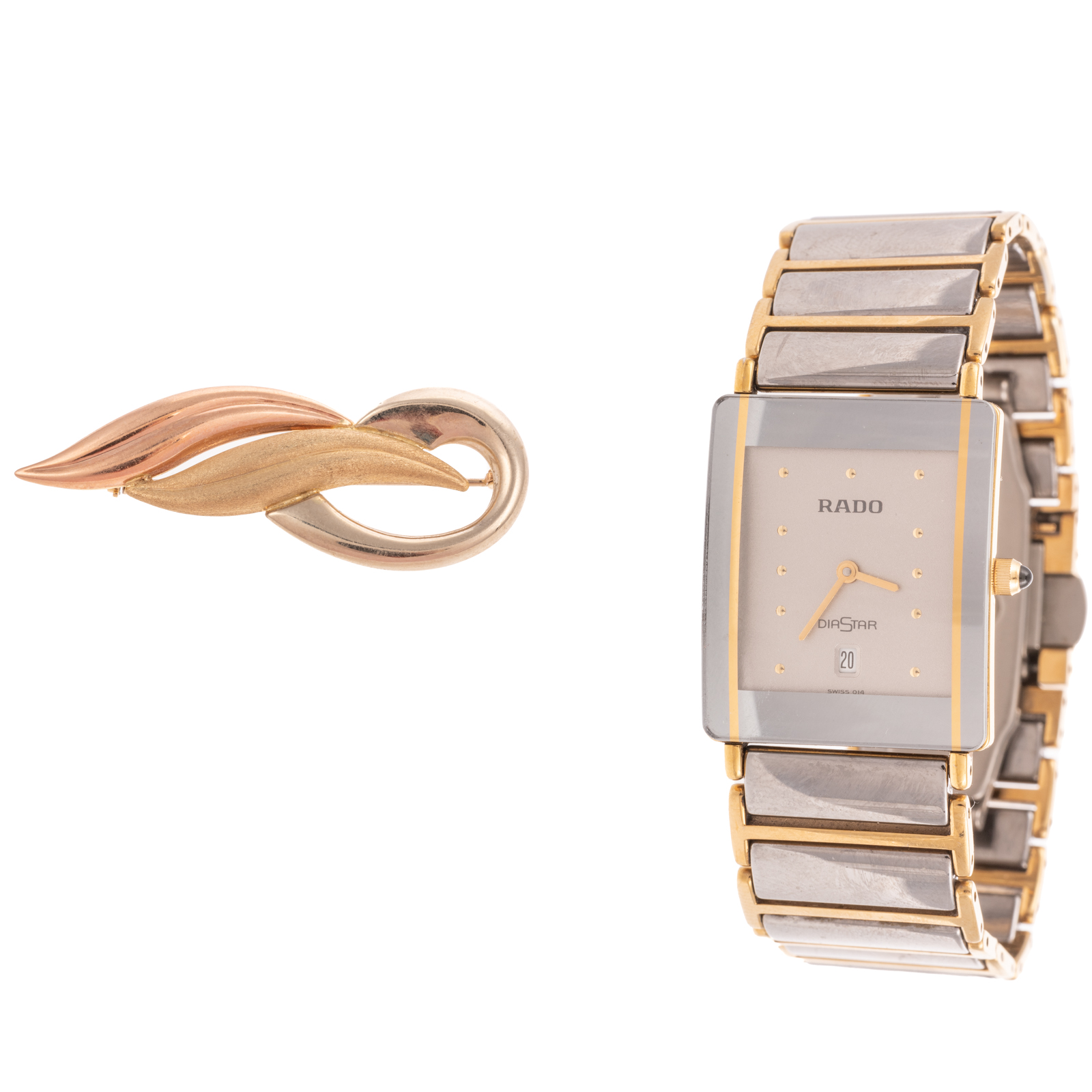 A 14K WAVE BROOCH & TWO TONED RADO WATCH