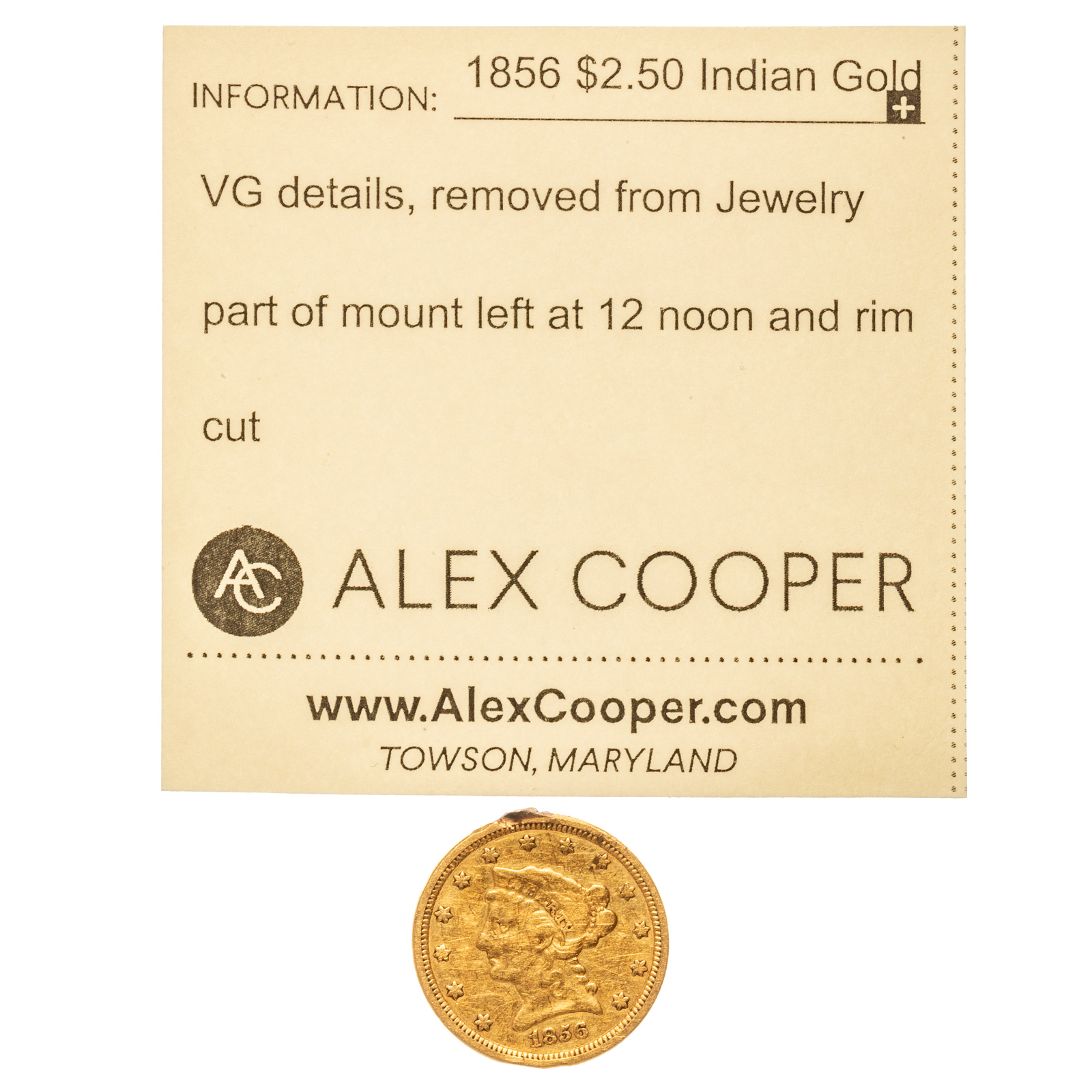 1856 $2.50 GOLD, VG DETAILS, REMOVED