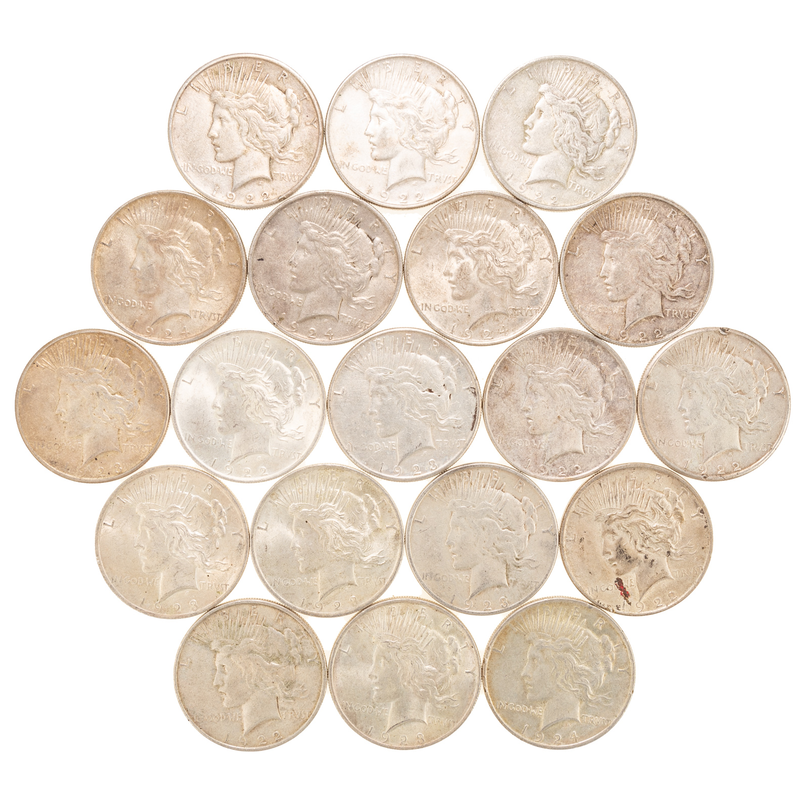 19 PEACE DOLLARS, FINE TO AU 1922 PDS,