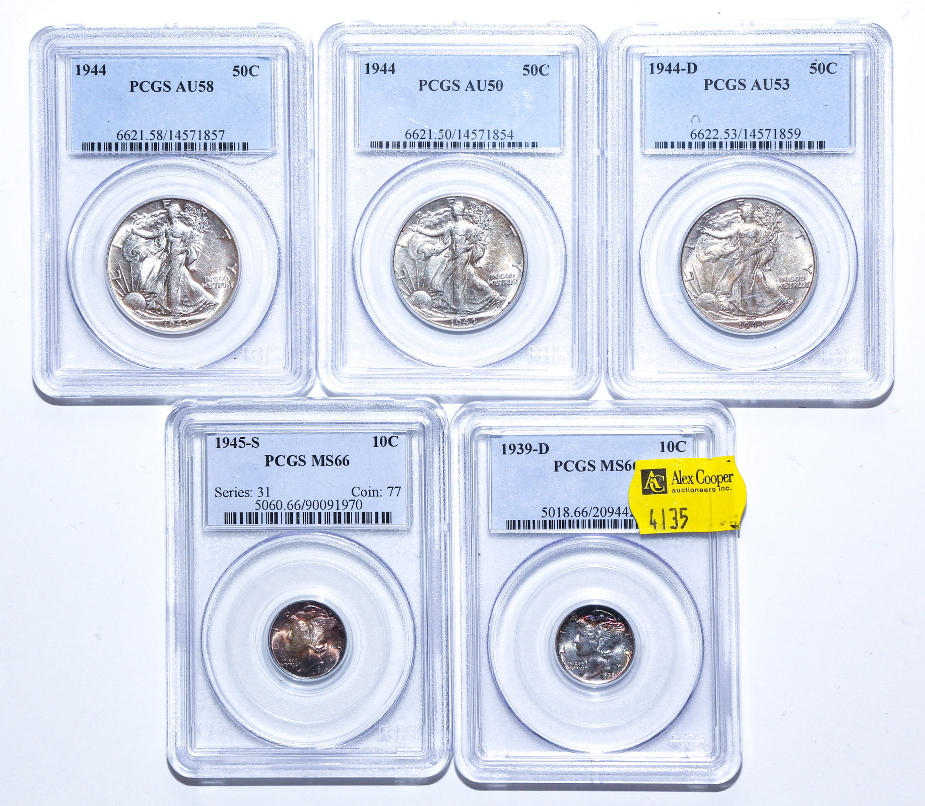 FIVE PCGS GRADED MERCURY DIMES 2e8bab