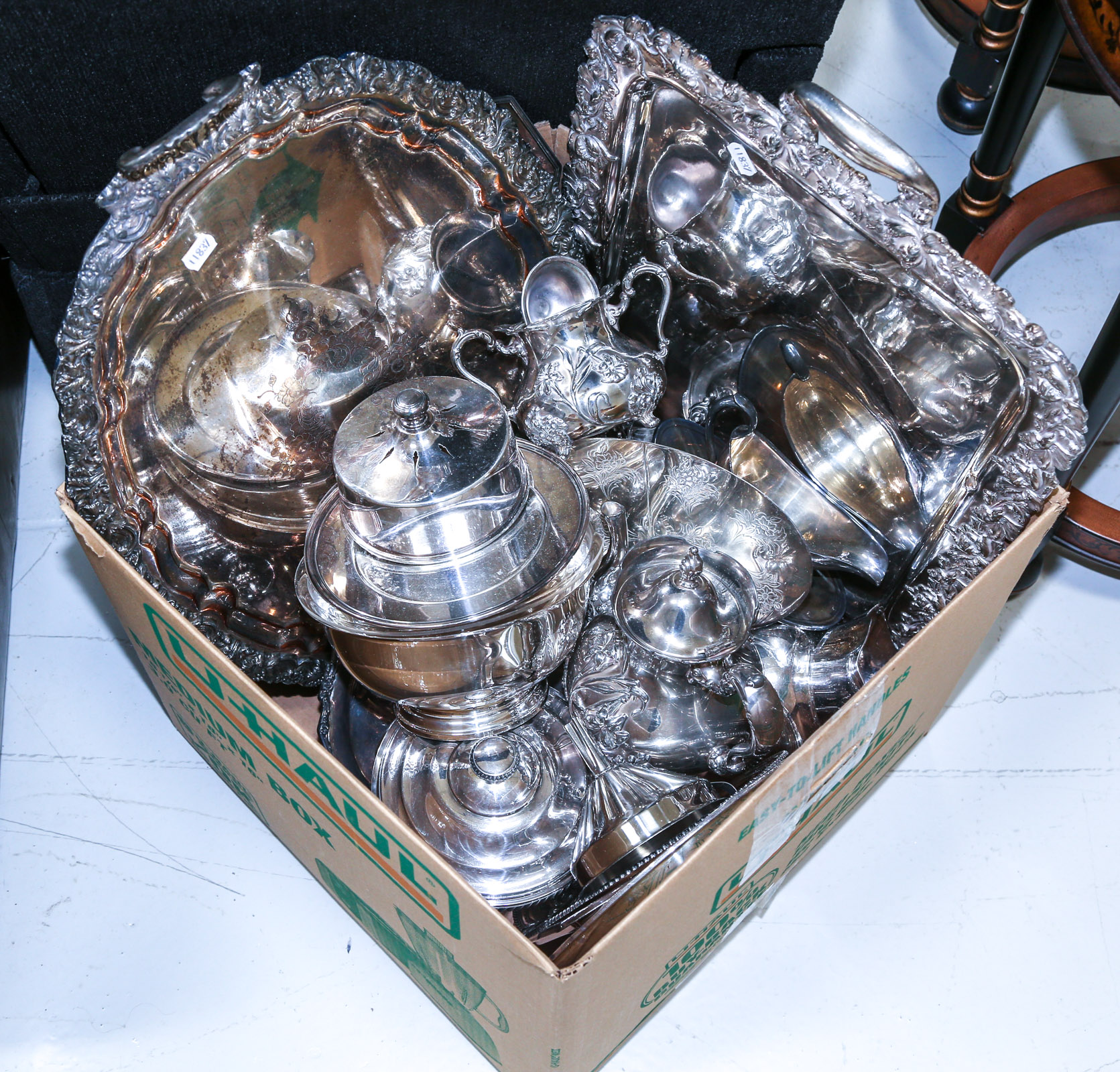 LARGE BOX OF ASSORTED PLATED WARE 2e8d60