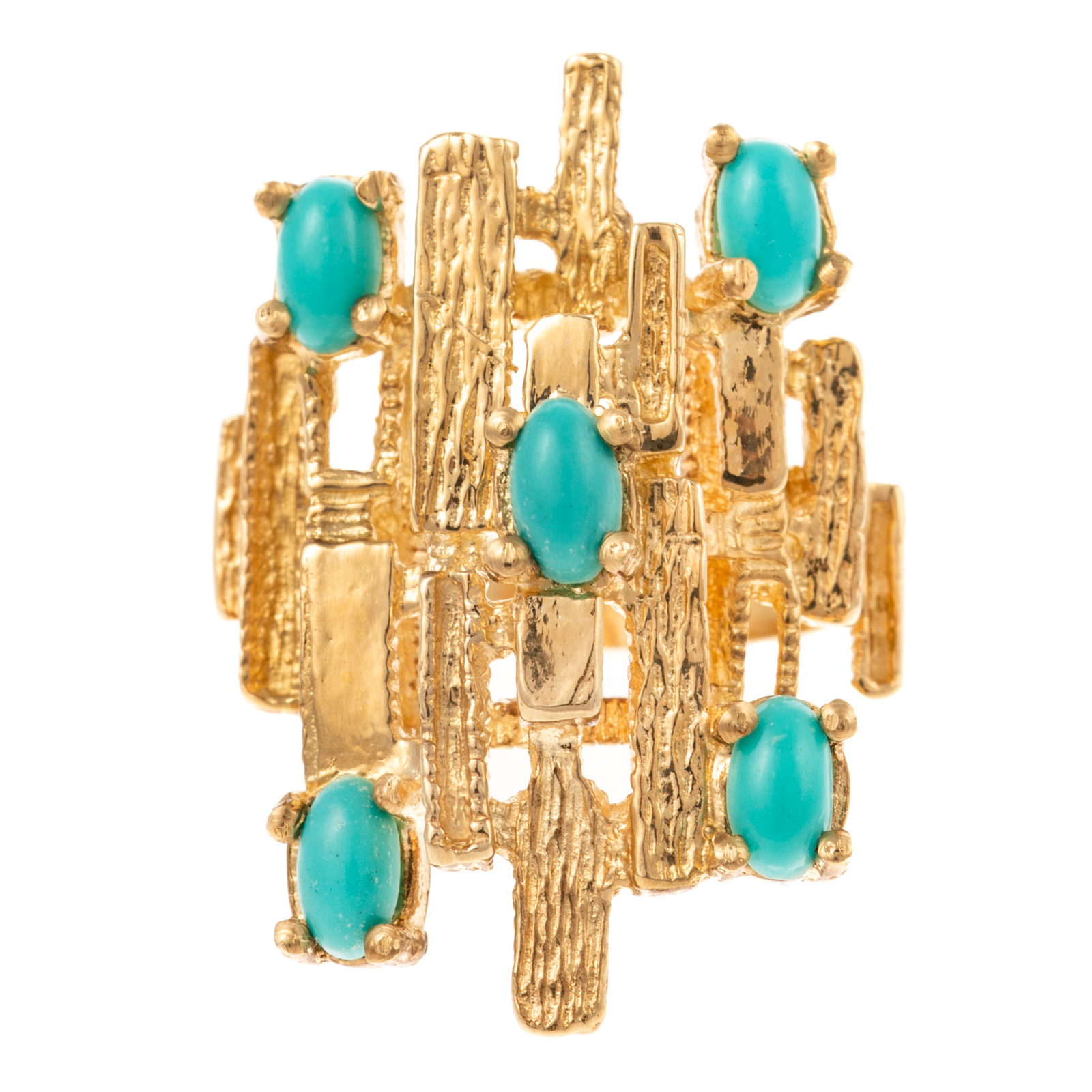 A BRUTALIST TURQUOISE RING IN 14K