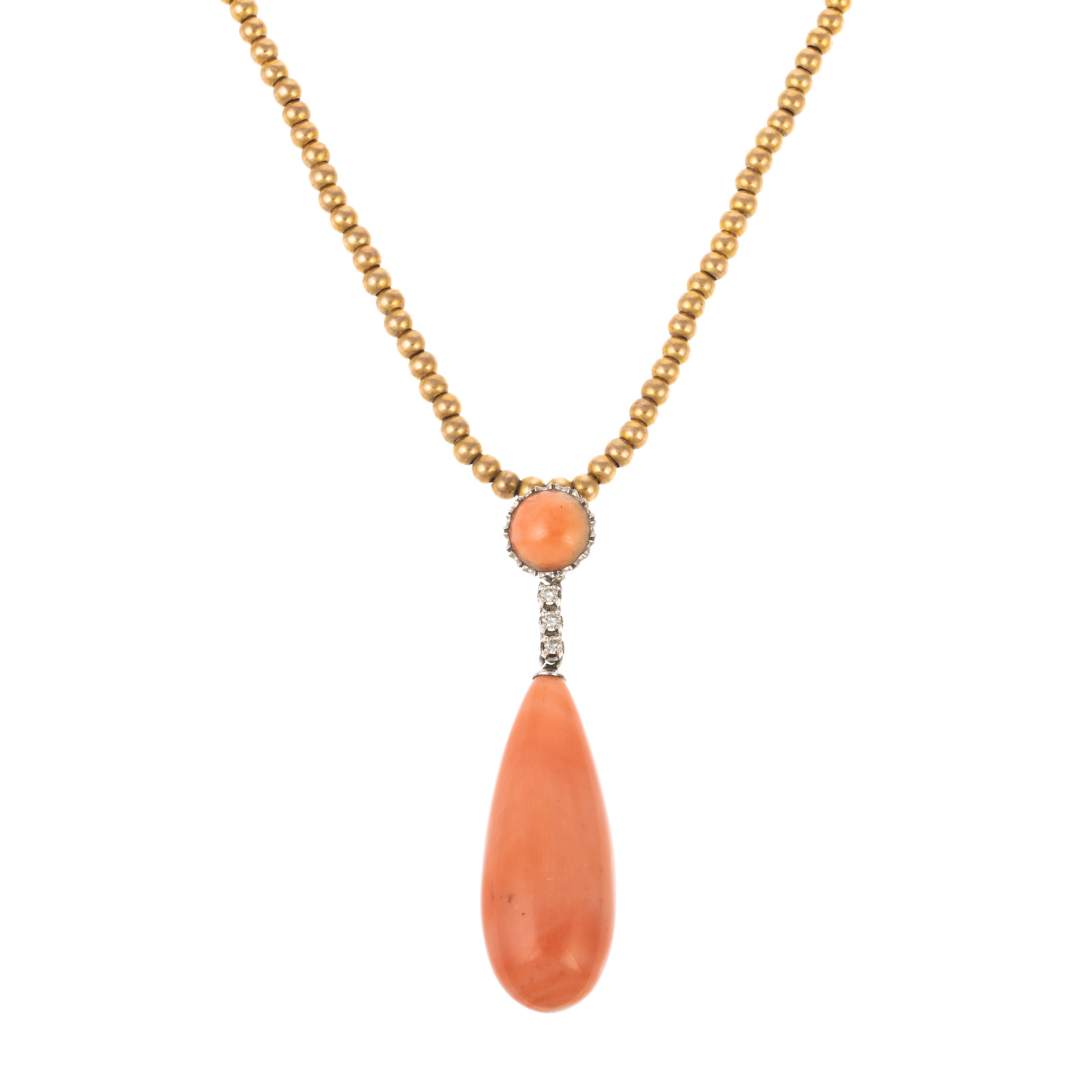 A CORAL & DIAMOND PENDANT & GOLD