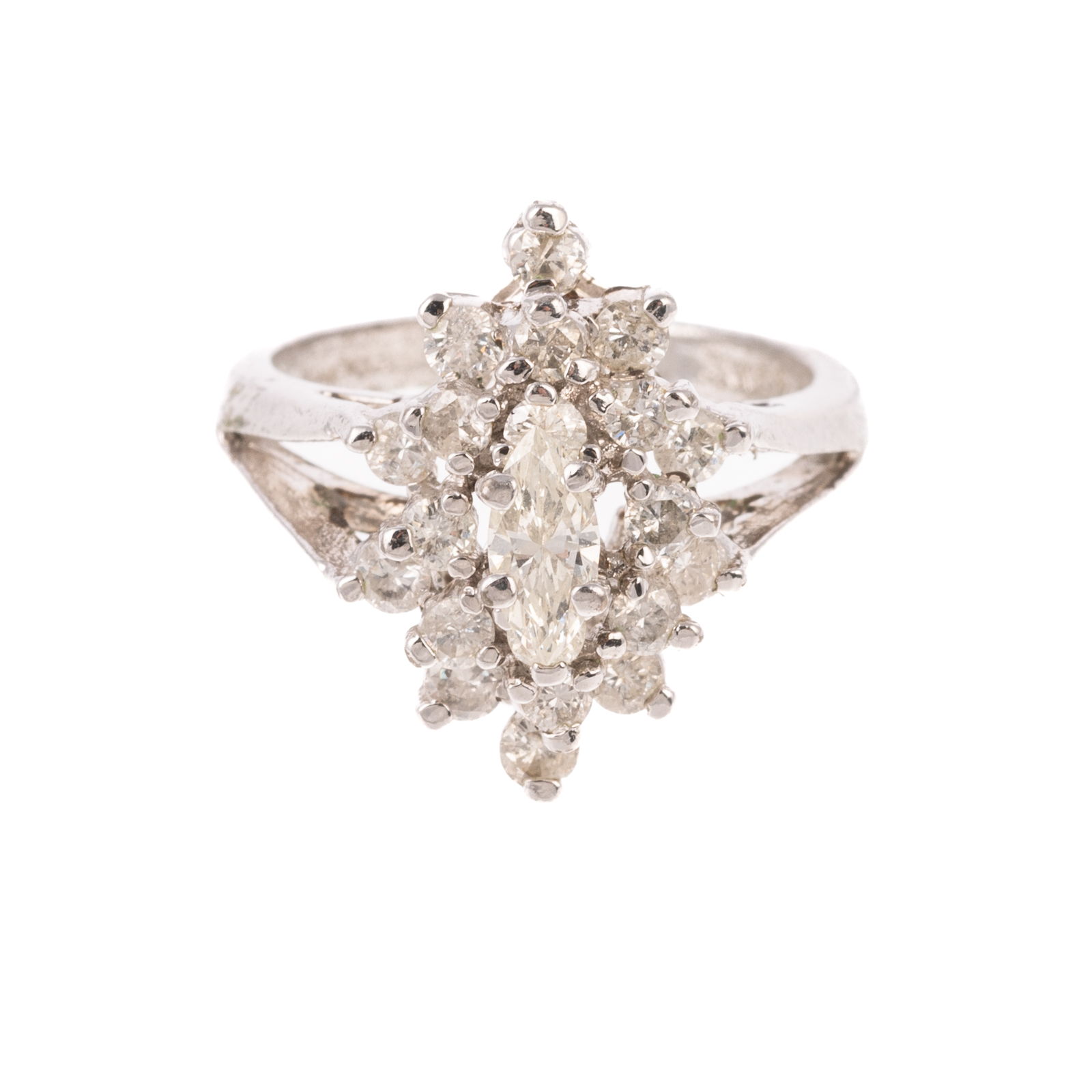 A MARQUISE DIAMOND CLUSTER RING