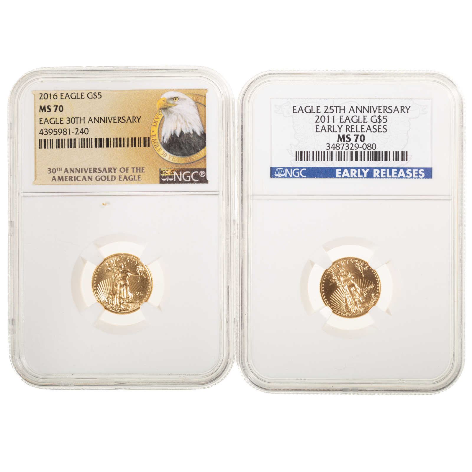 A PAIR OF NGC MS70 GOLD $5 1/10TH