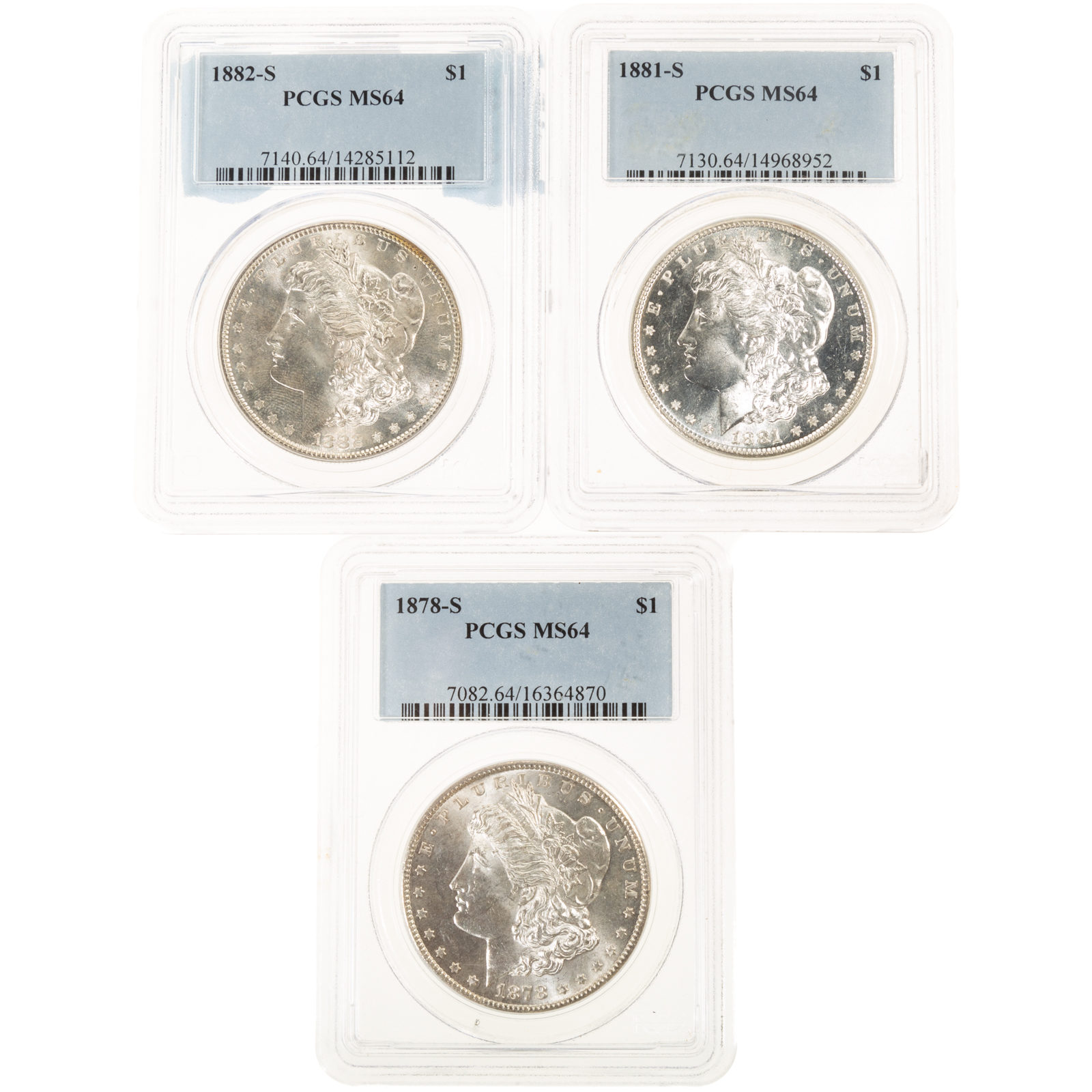 THREE PCGS GRADED MS-64 MORGAN