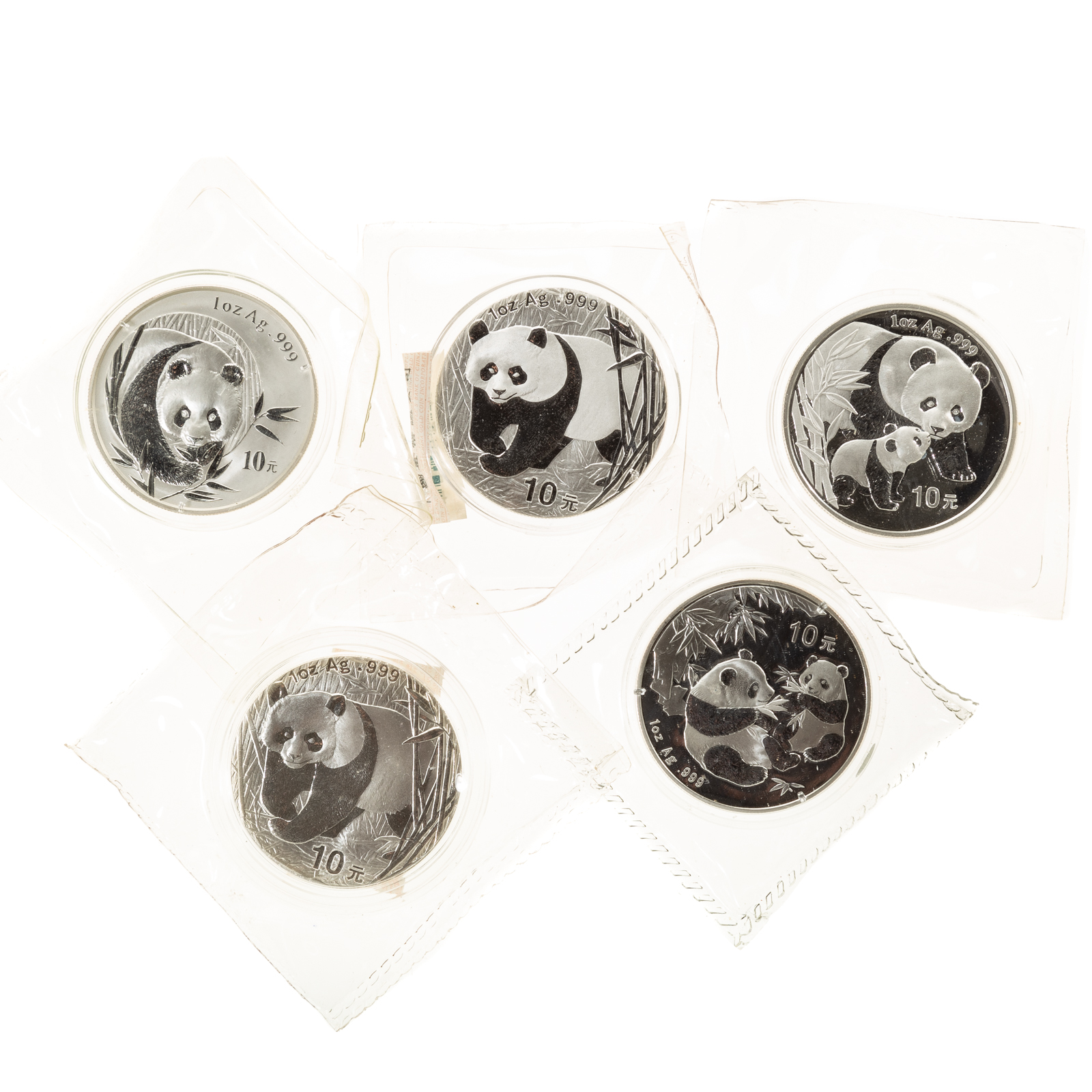 FIVE 1 OUNCE CHINESE SILVER PANDAS .999