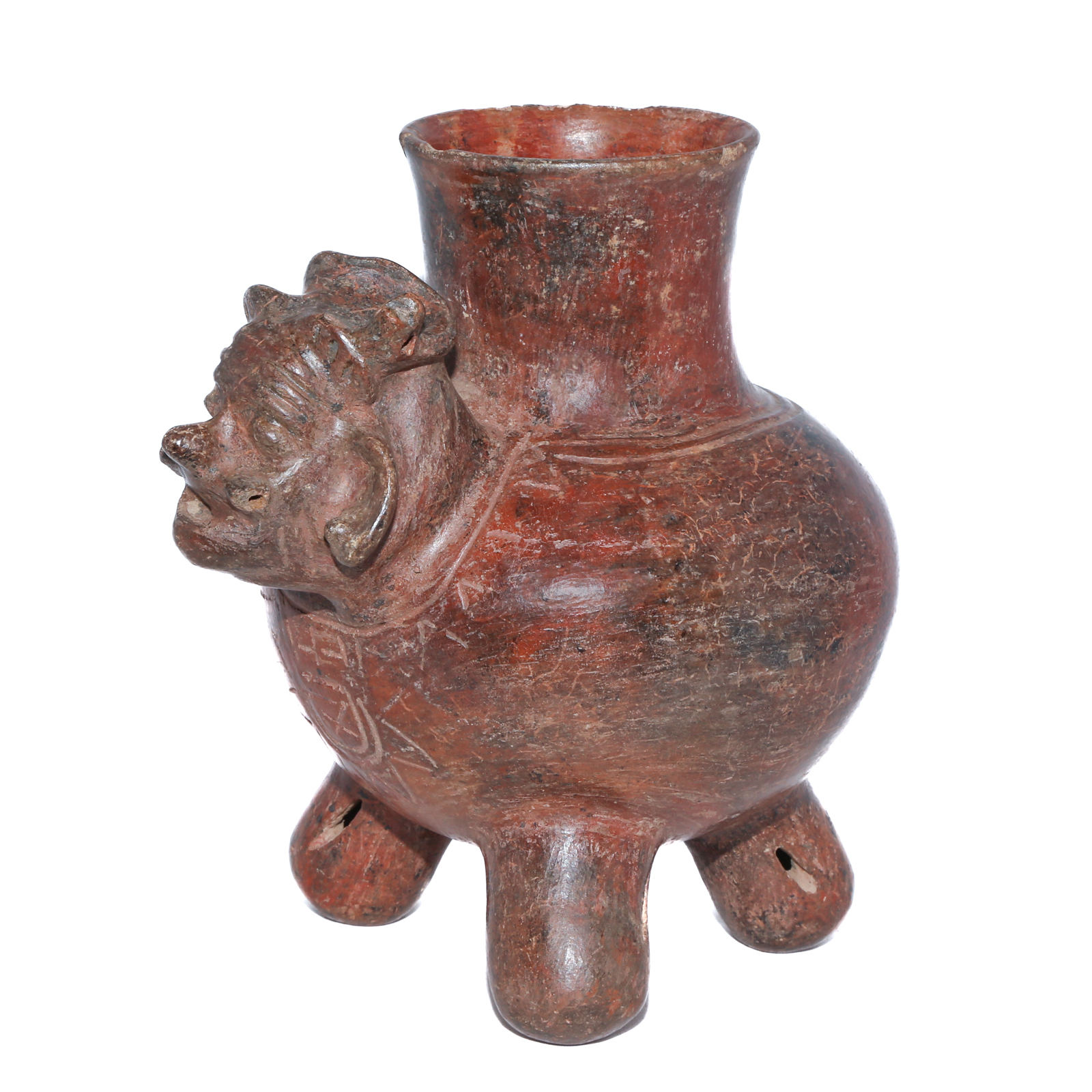 PRE-COLUMBIAN FIGURAL TRIPOD RATTLE