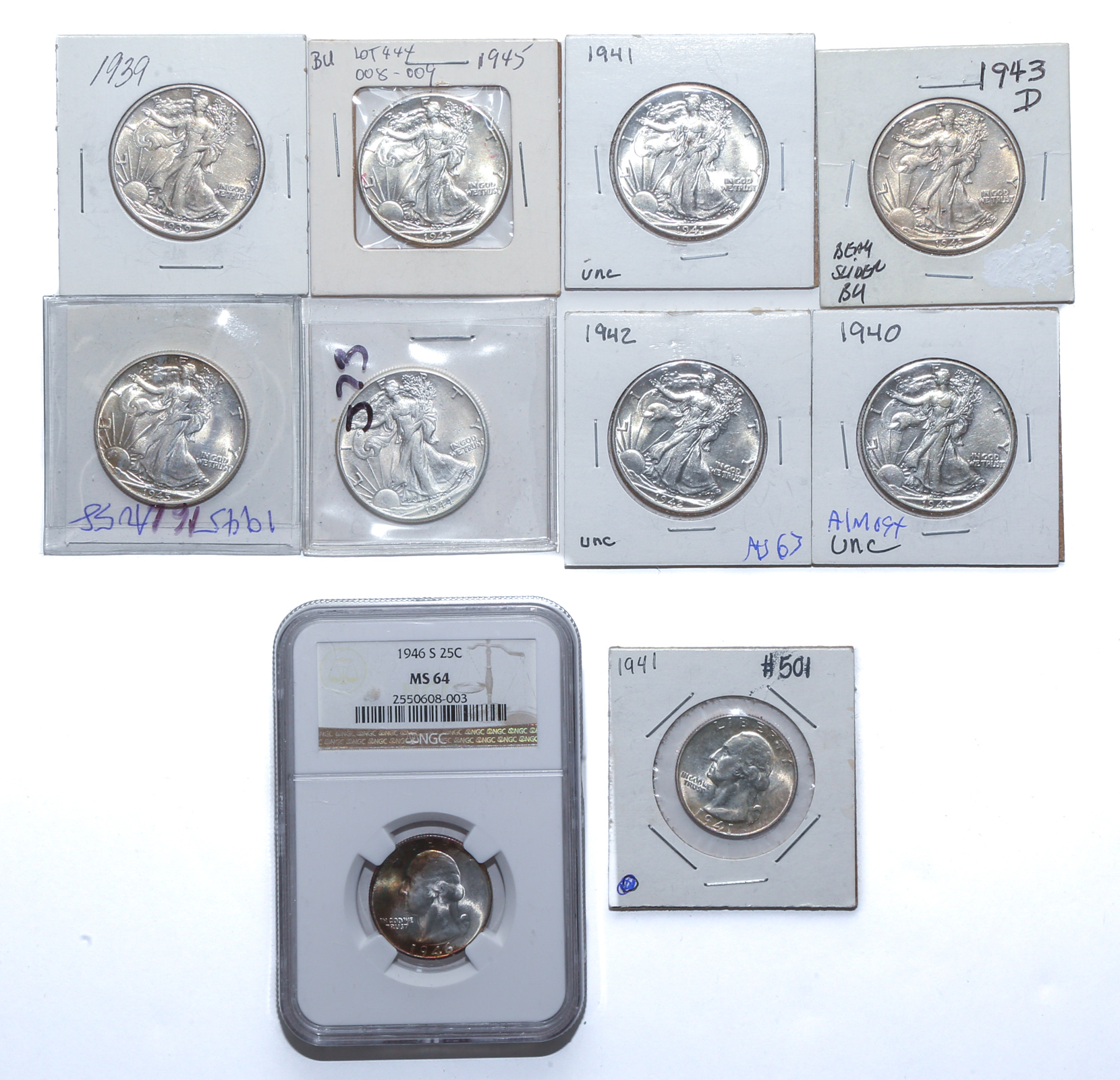 WWII SILVER COINS 8 WALKERS & TWO