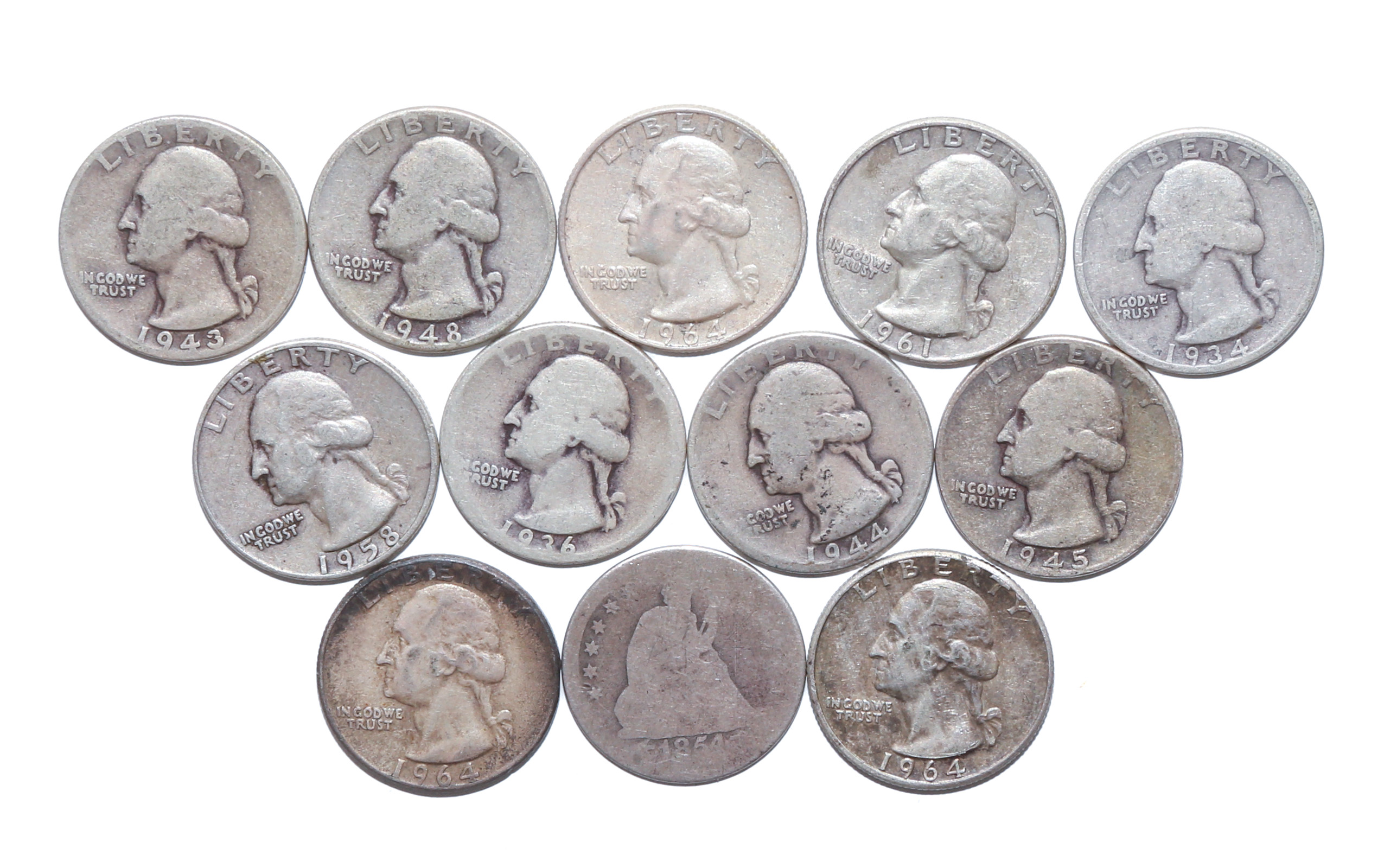 12 SILVER QUARTERS INCLUDING 1854 2e9239