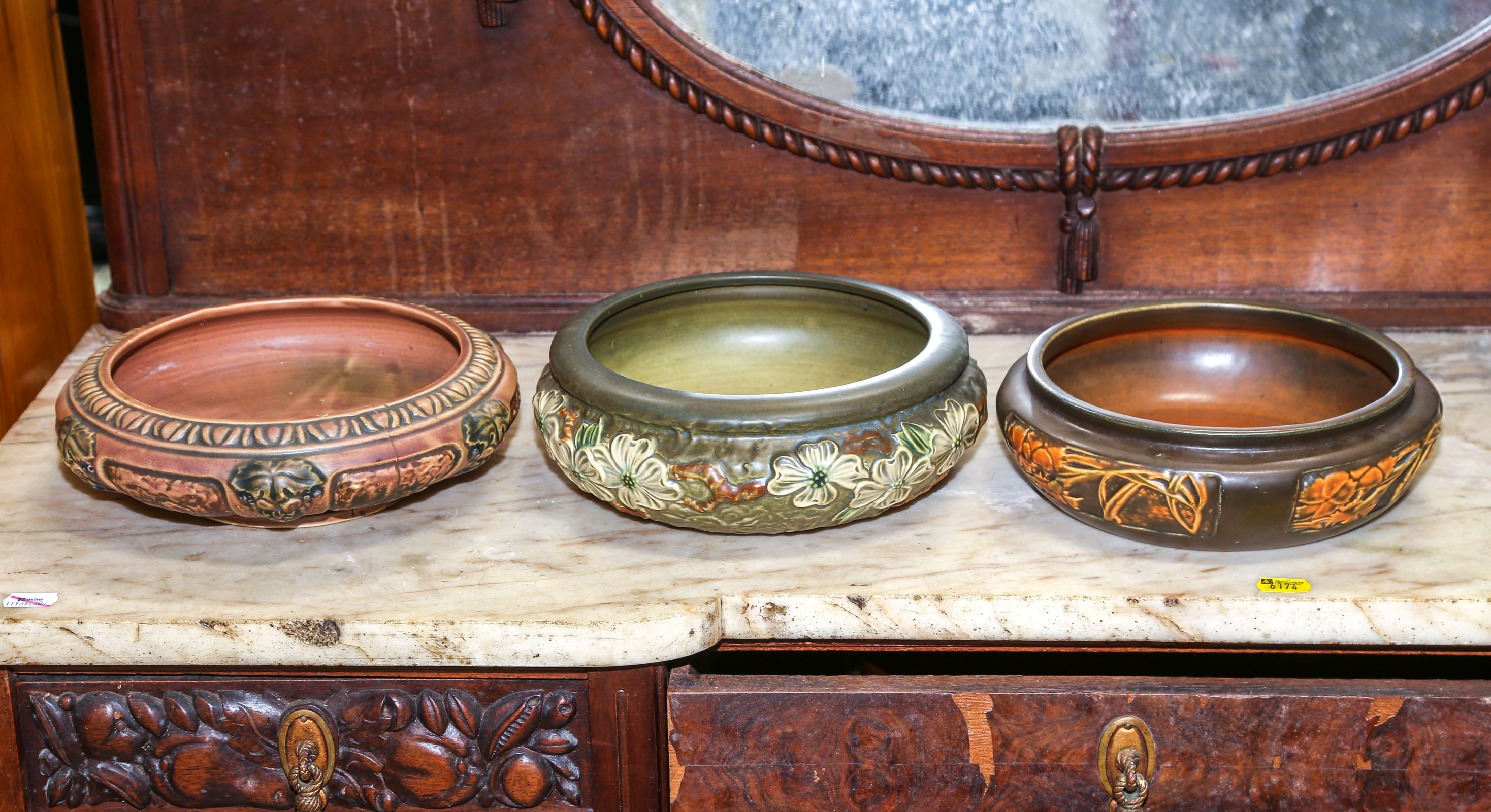 THREE ROSEVILLE ART POTTERY LOW BOWLS