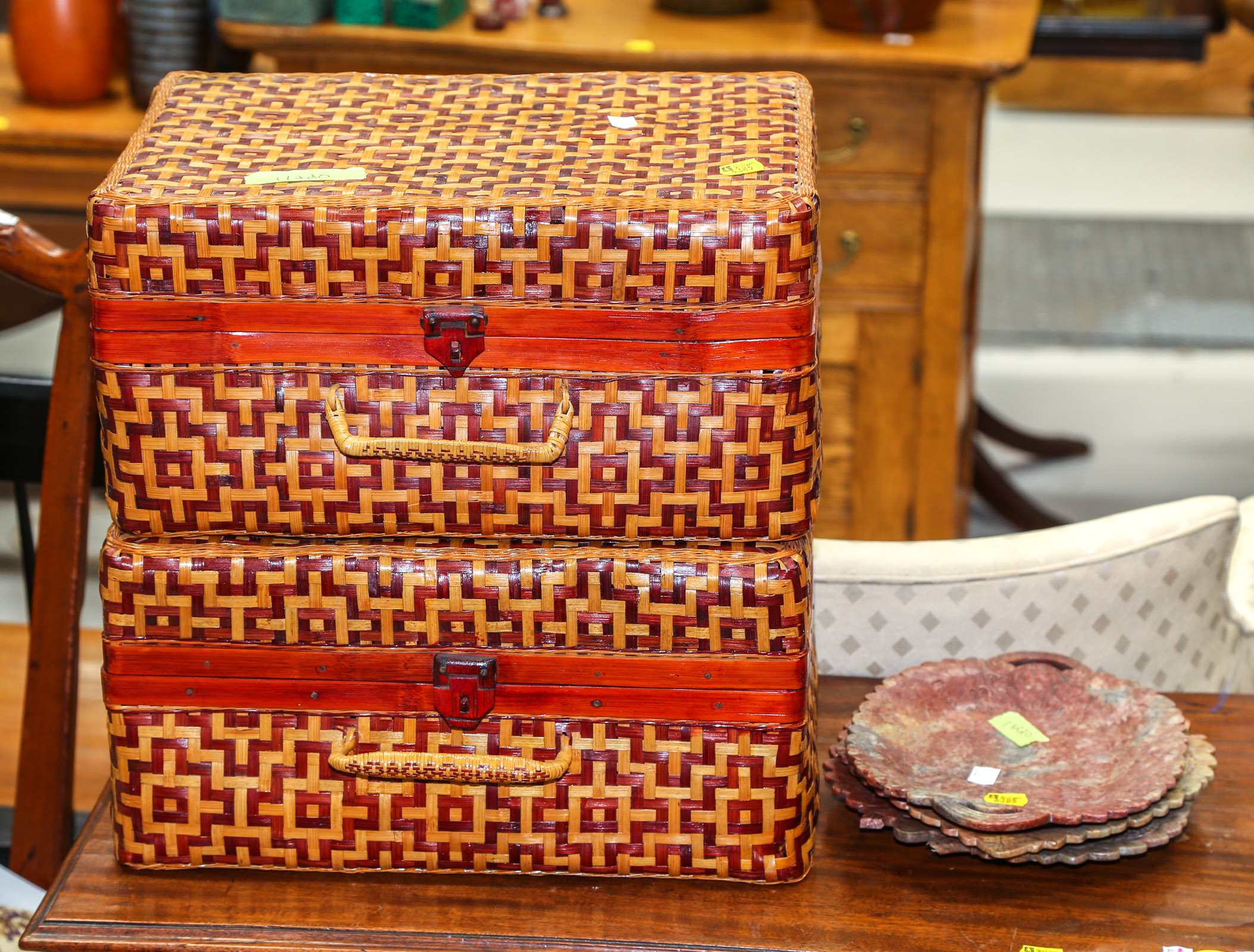 TWO RATTAN BASKETS & THREE SOAPSTONE