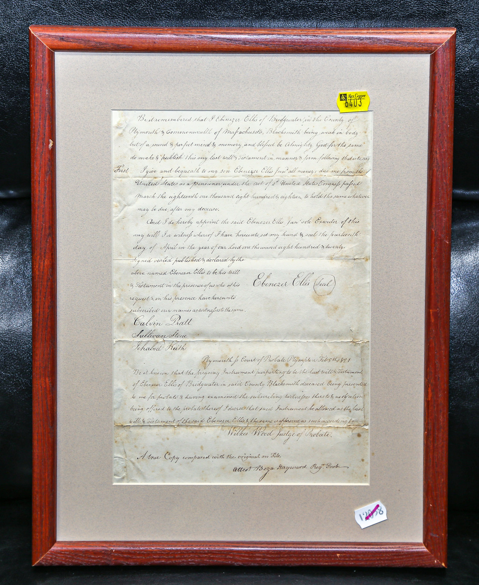 1821 PROBATE COURT DOCUMENT FRAMED Featuring
