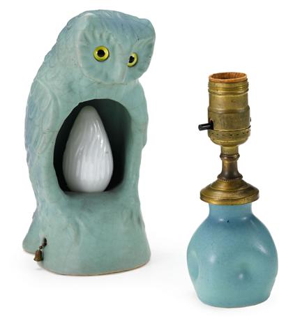 VAN BRIGGLE  Two lamps  Figural owl