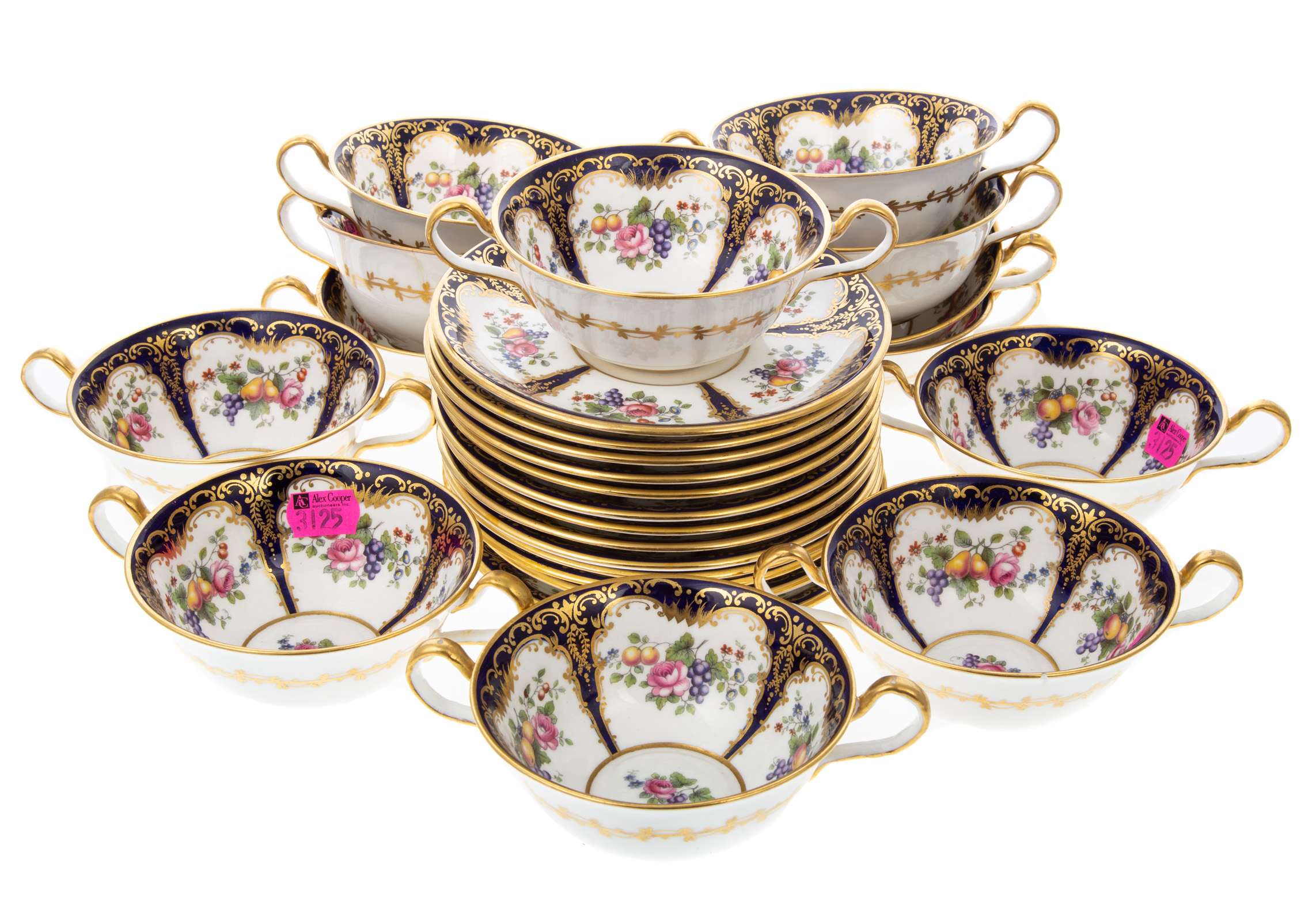 THIRTEEN AYNSLEY BOUILLON CUPS AND SAUCERS