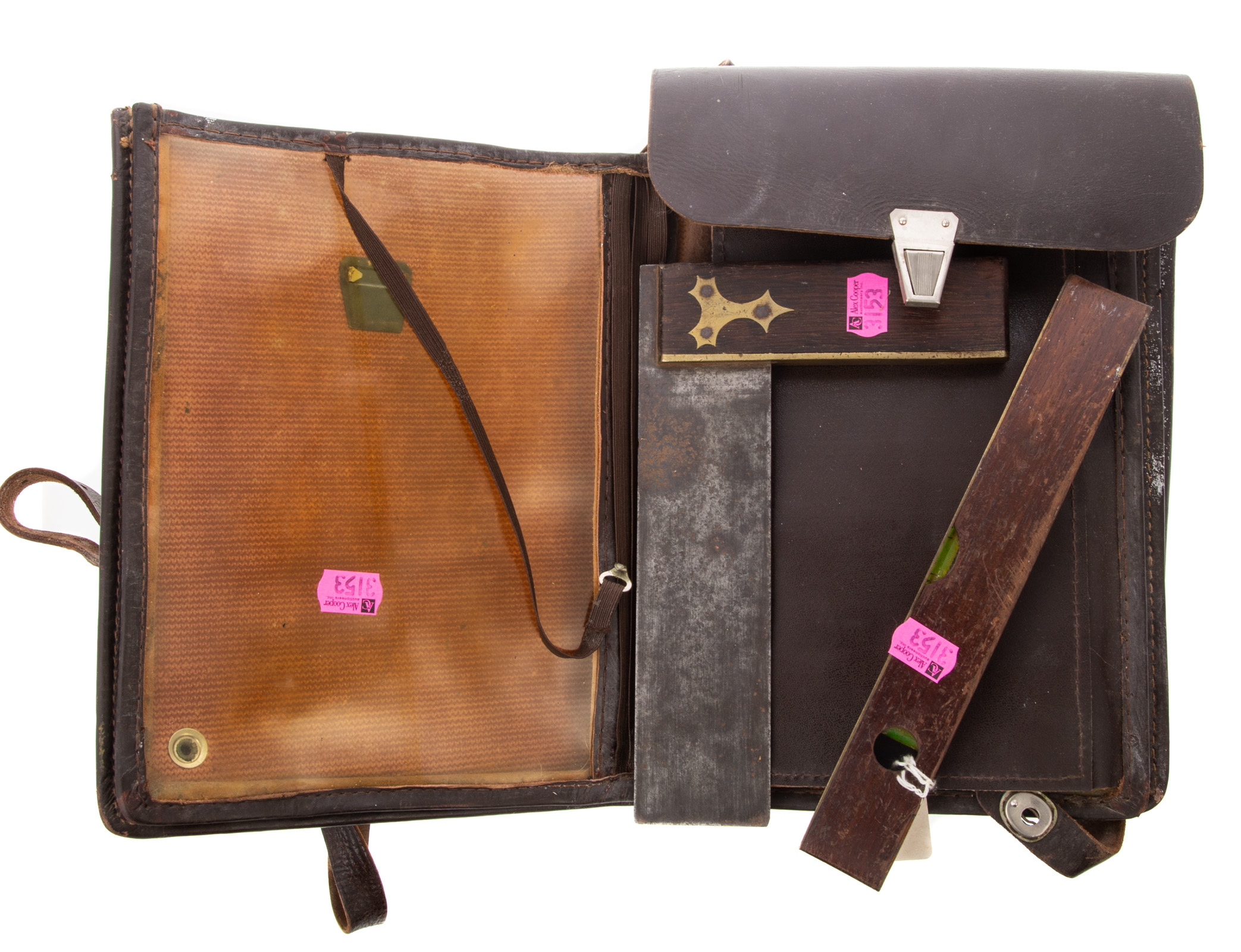 THREE EARLY TOOLS & LEATHER SATCHEL