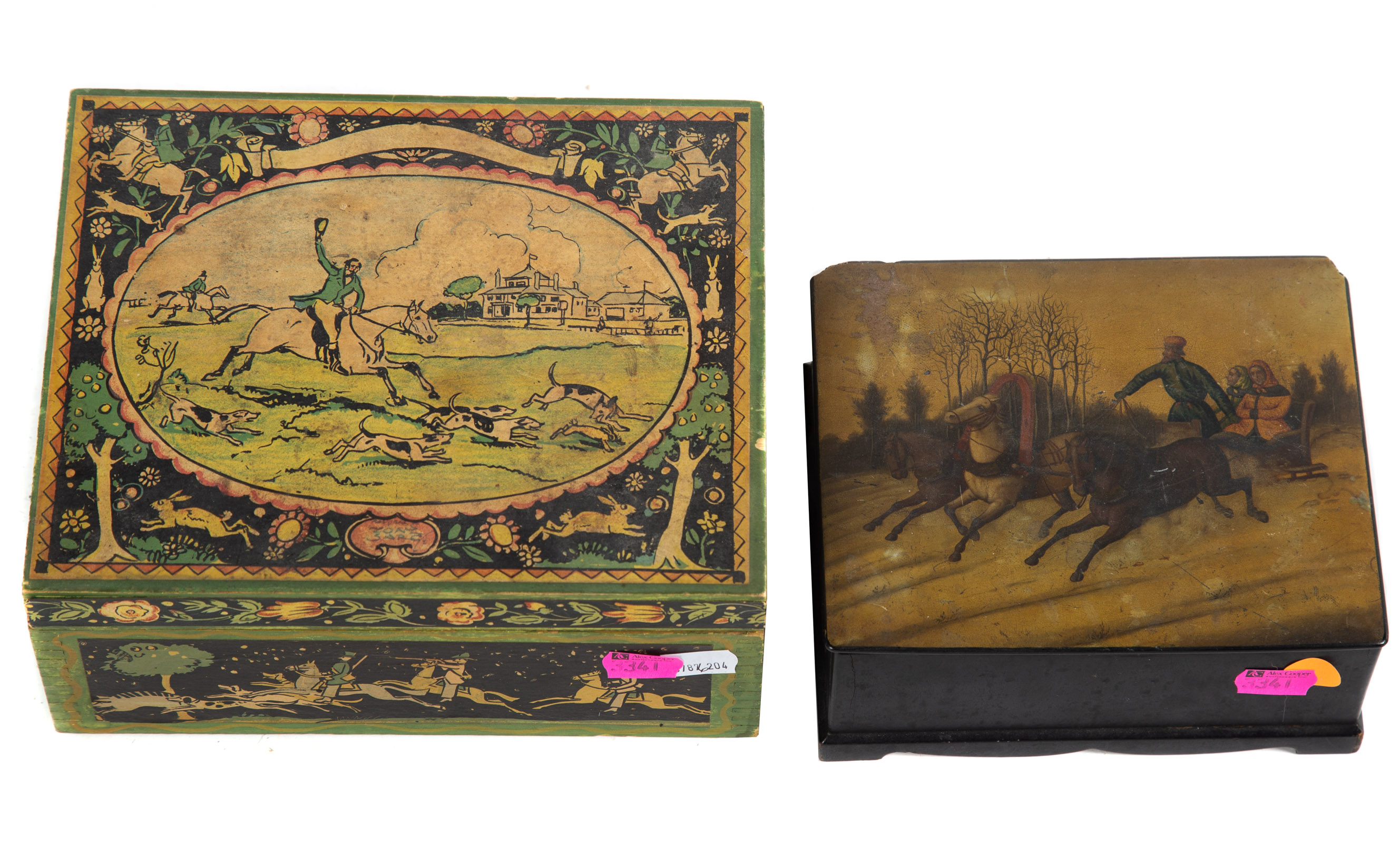 TWO PAINTED BOXES Both with equestrian 2e9620