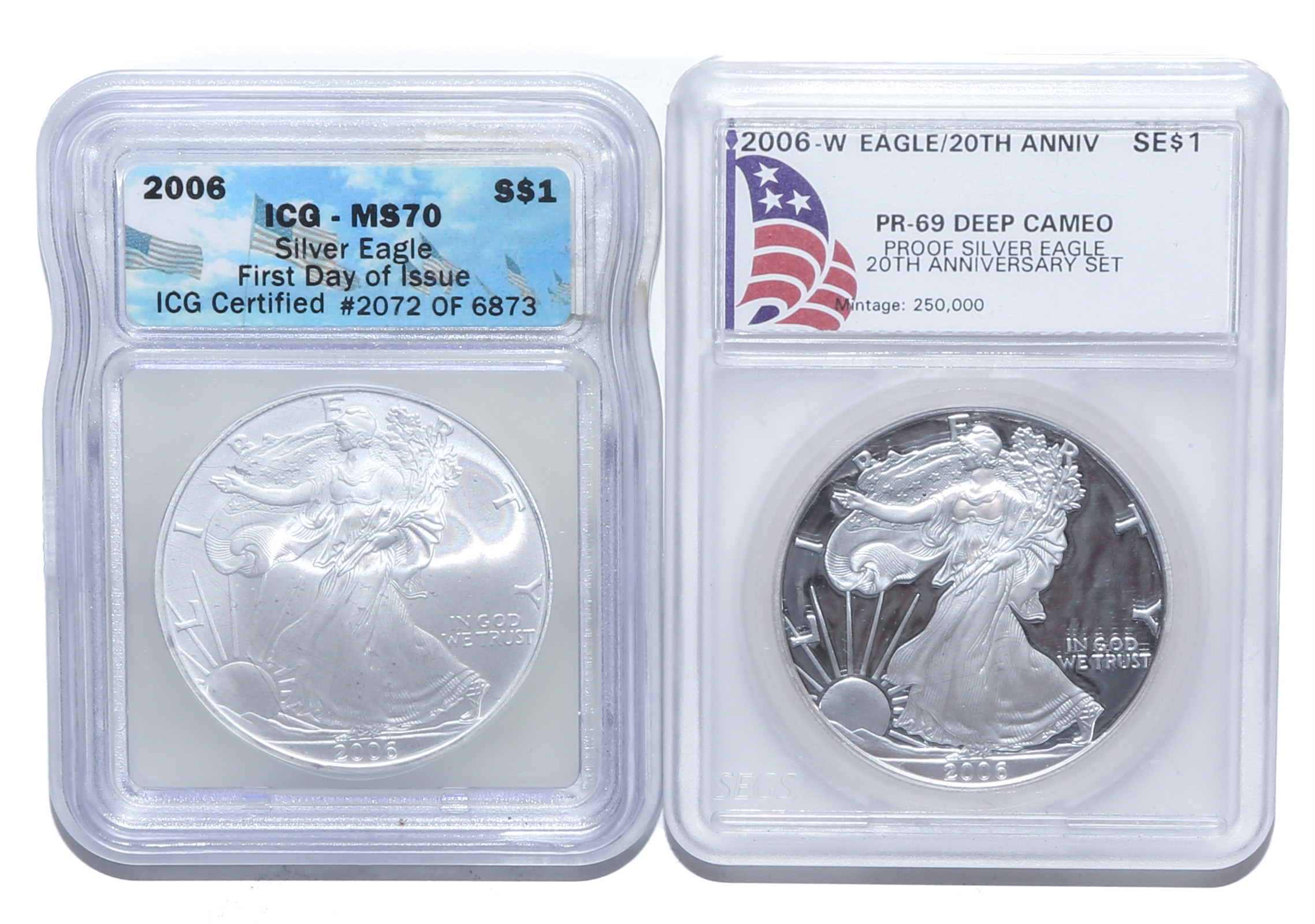 A PAIR OF 2006 SILVER EAGLES MS70 2e9629