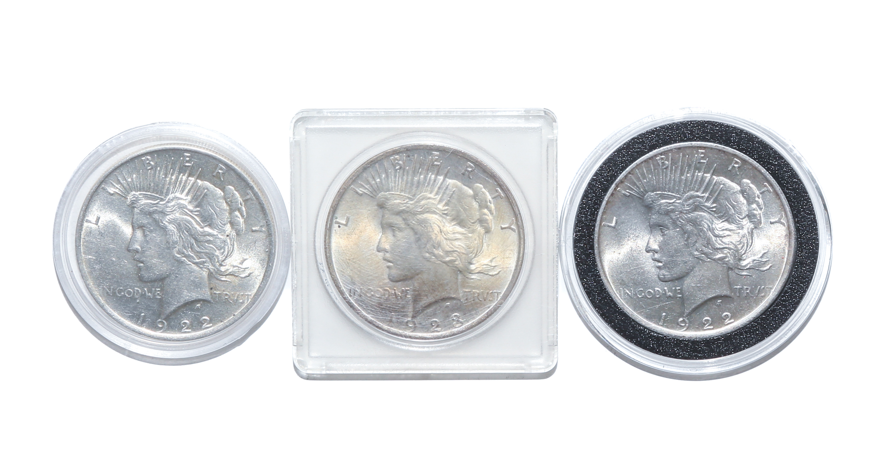 THREE 1922 PEACE DOLLARS, AU, AU55