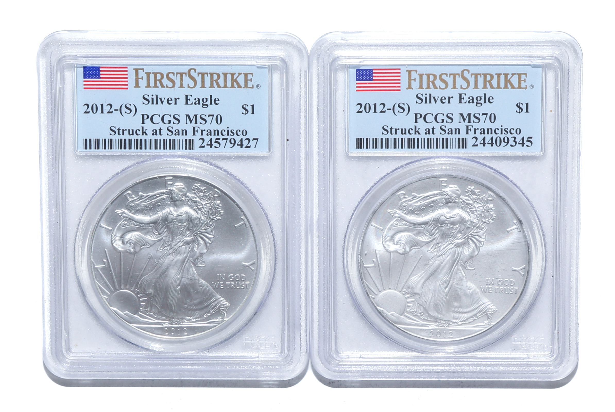 A PAIR OF 2012 (S), SILVER EAGLES