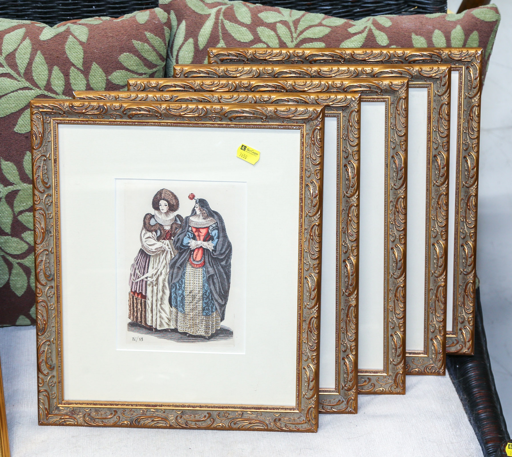 FIVE FRAMED ANTIQUE STYLE FASHION PLATES
