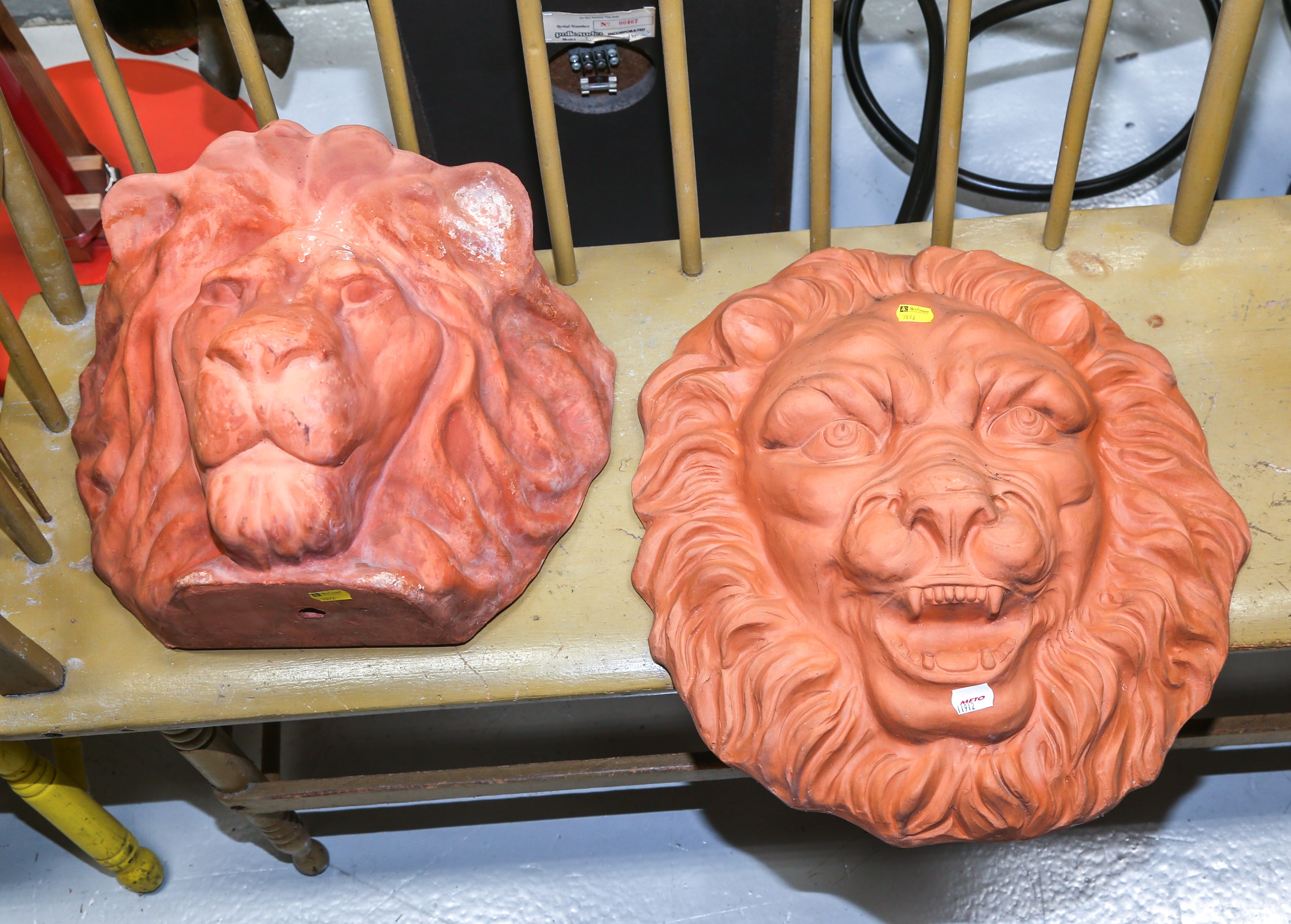 TWO TERRACOTTA LION GARDEN ORNAMENTS