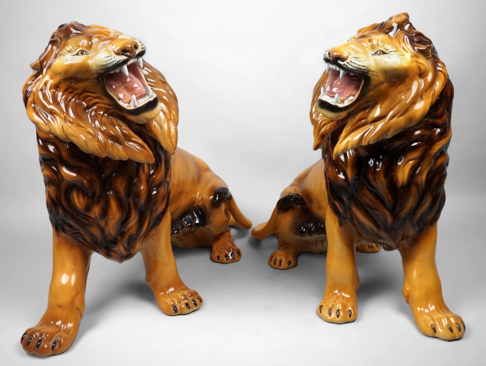 PAIR OF ITALIAN CERAMIC LIONS BY