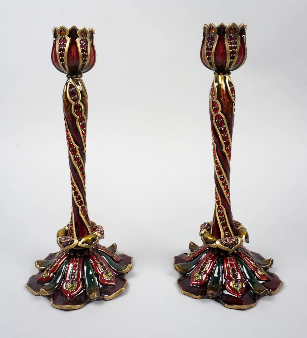 PAIR OF JAY STRONGWATER RED ARABESQUE