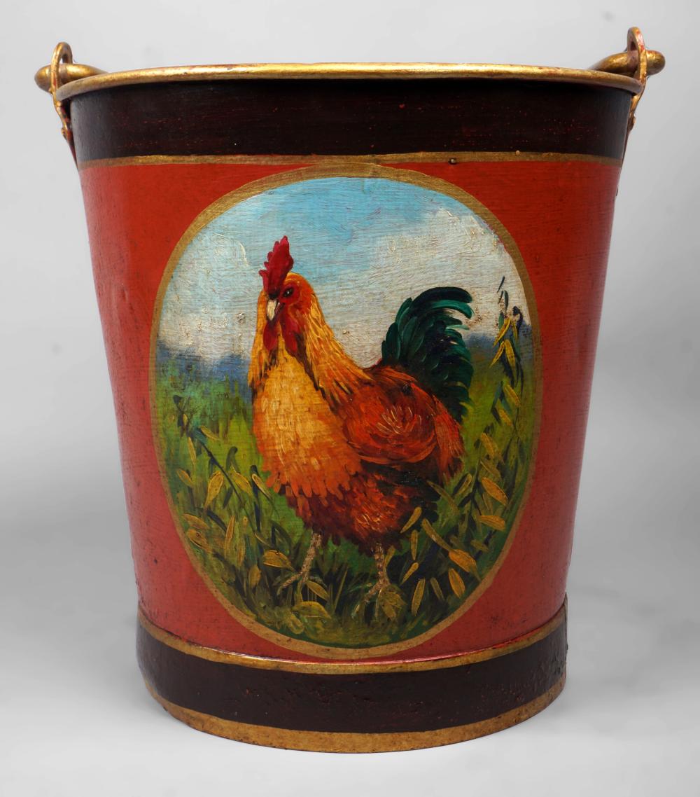 TOLE PAINTED BUCKET WITH COCKEREL 2ec25a