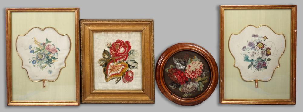 GROUP OF FOUR FLORAL WORKS ON TEXTILEGROUP
