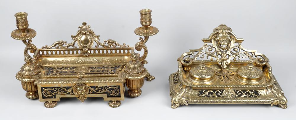 TWO ORNATE VICTORIAN BRASS INKWELLS,